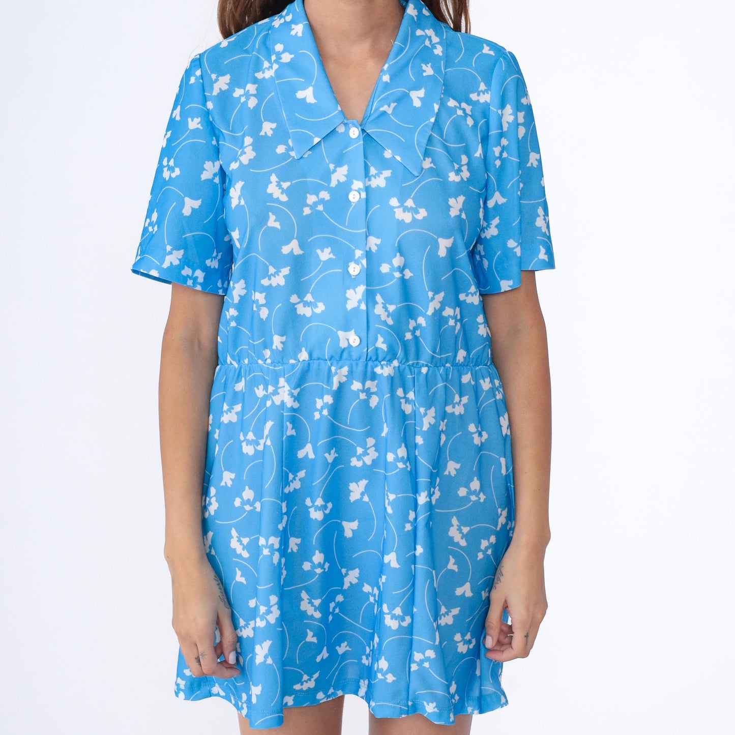 80s Blue Floral Mini Dress Chelsea Collar Button-Up Shirtdress Medium
