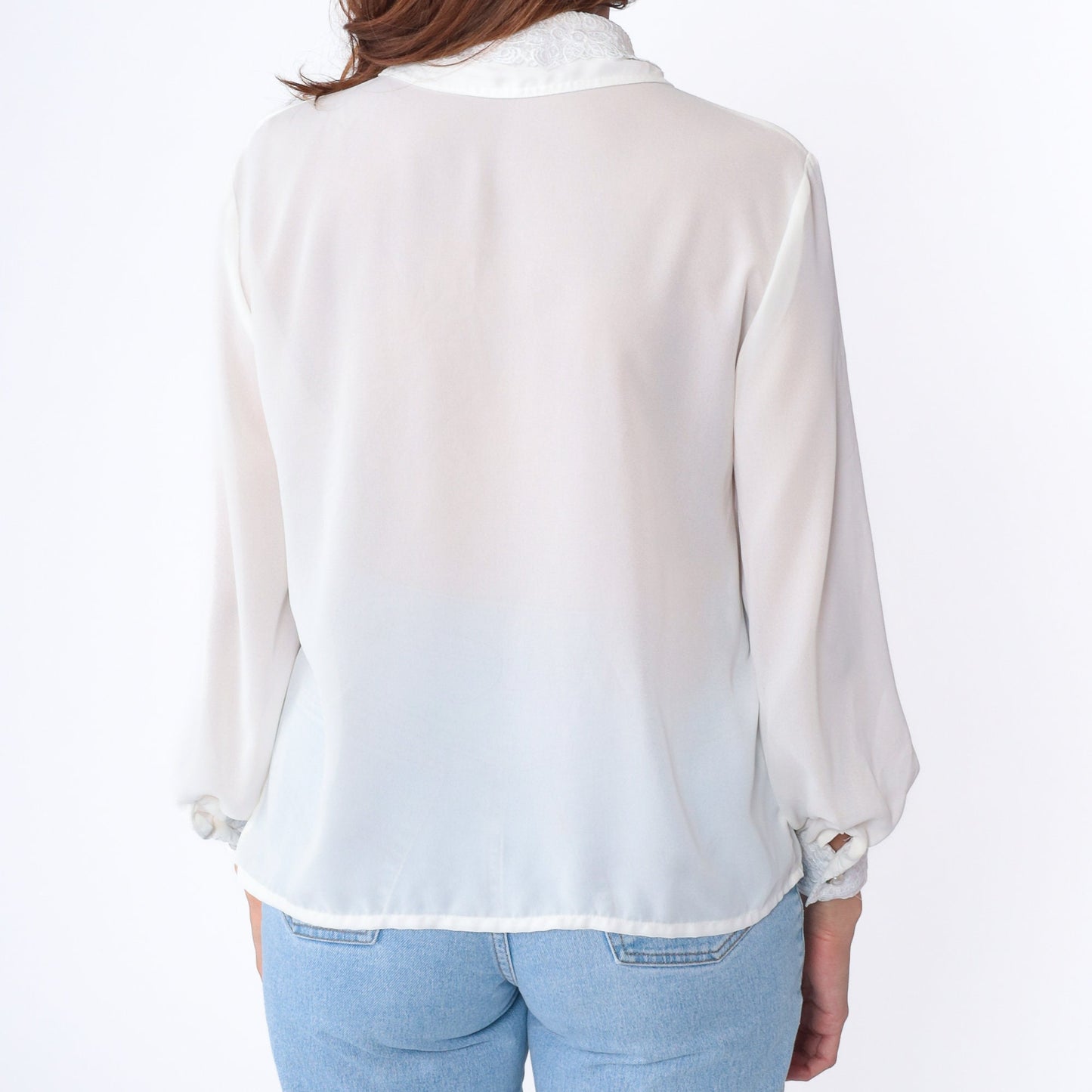 90s White Sheer Blouse Lace Collar Pearl Button Long Sleeve Medium