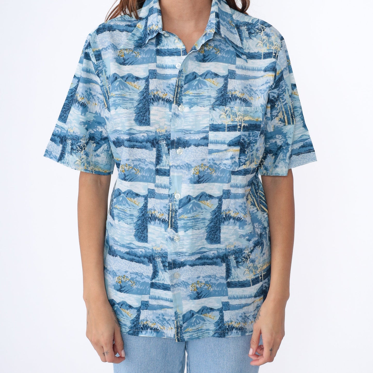 70s Nature Print Button-Up Shirt Trees Mountains Blue Short Sleeve Men's Medium