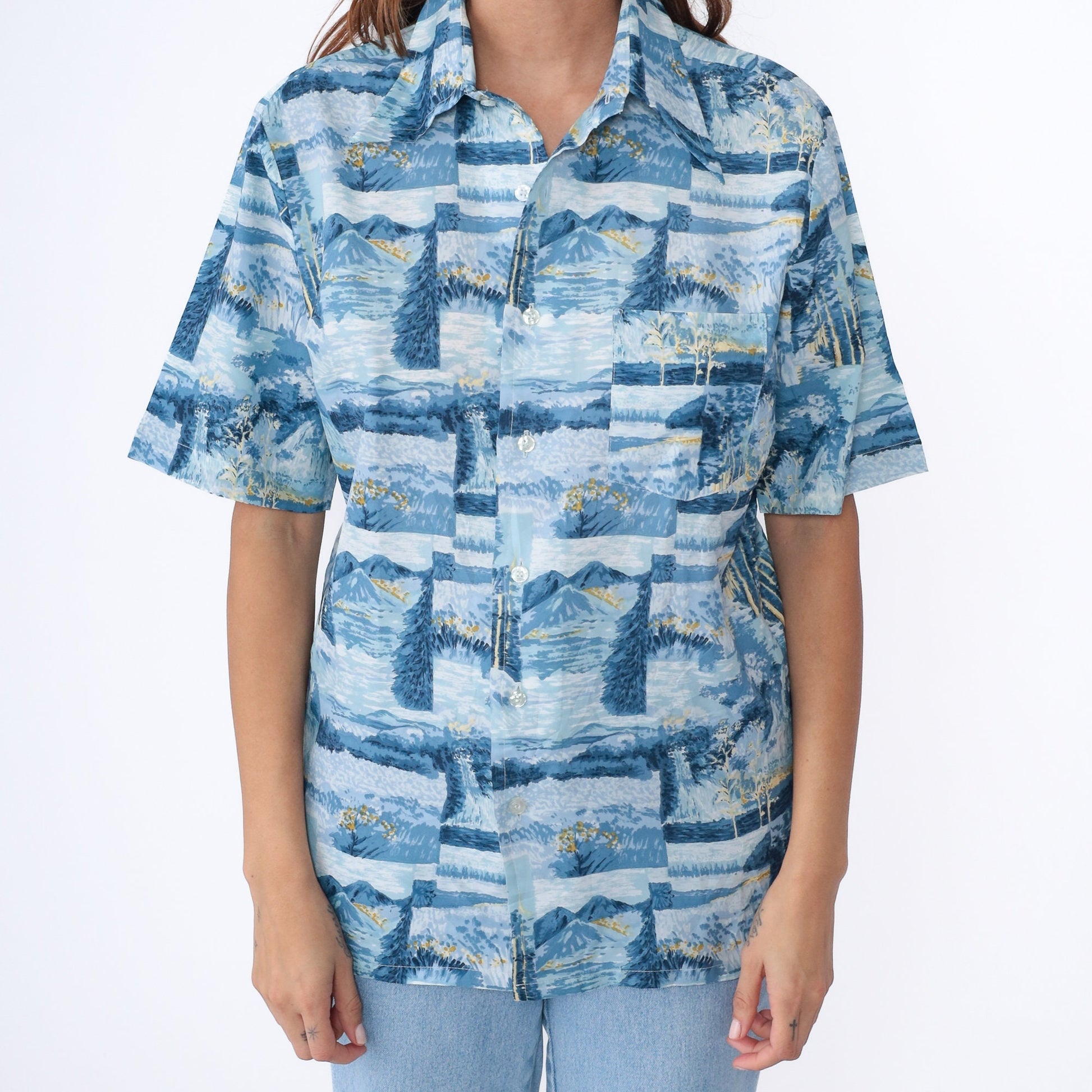 70s Nature Print Button-Up Shirt Trees Mountains Blue Short Sleeve Men's Medium