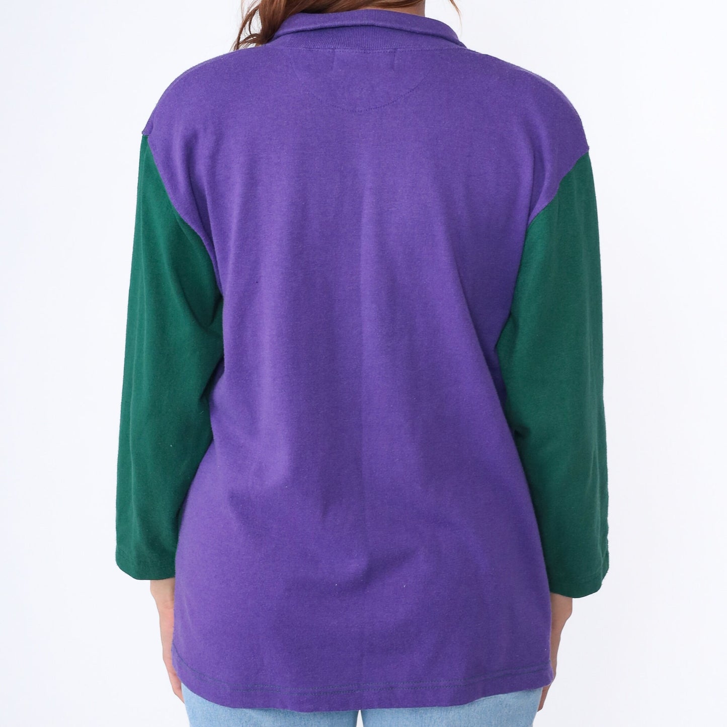 90s Color Block Henley Purple Green Snap Button Long Sleeve Shirt Medium