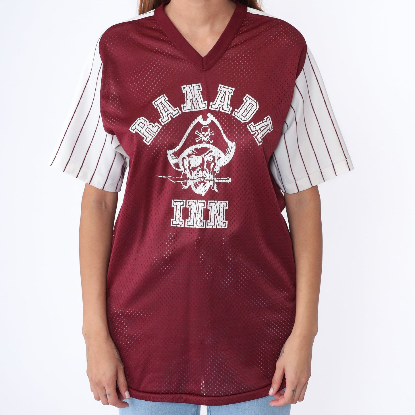 90s Ramada Inn Pirate Baseball Jersey Maroon Mesh V-Neck Medium