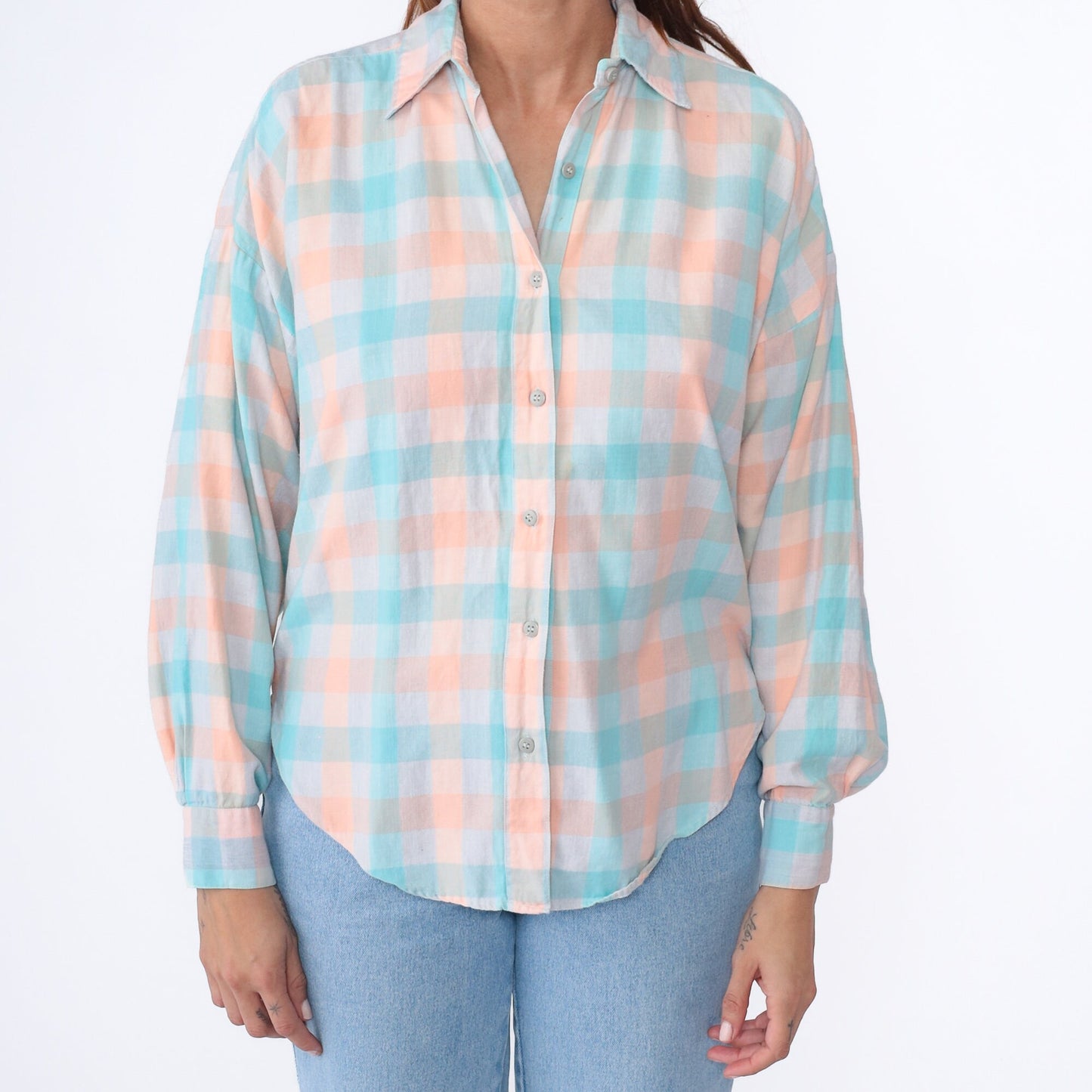 90s Buffalo Check Button Up Blouse Peach Aqua White Cotton Medium