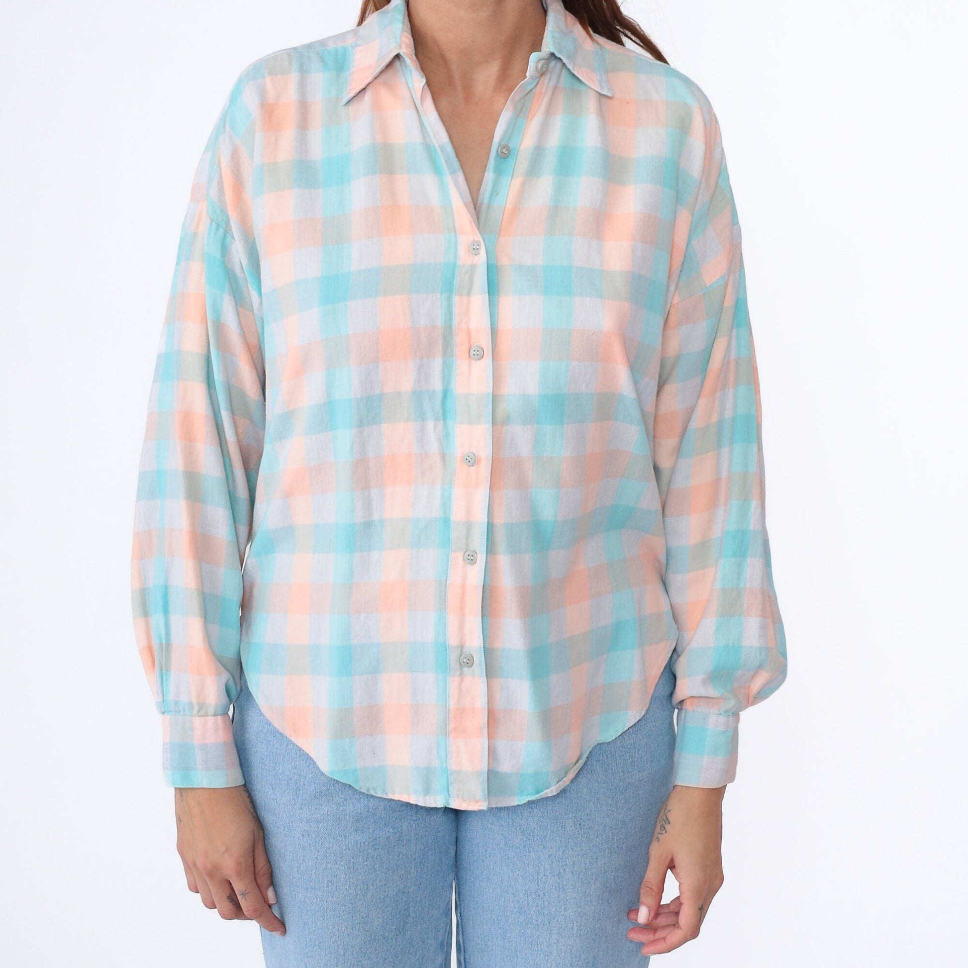 90s Buffalo Check Button Up Blouse Peach Aqua White Cotton Medium