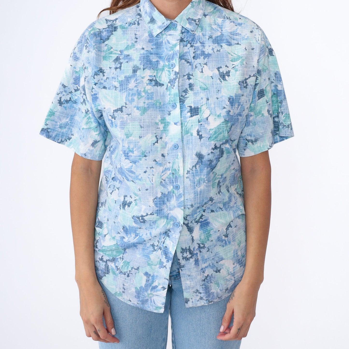 90s Blue Floral Button-Up Shirt Cotton Blend Short Sleeve Medium