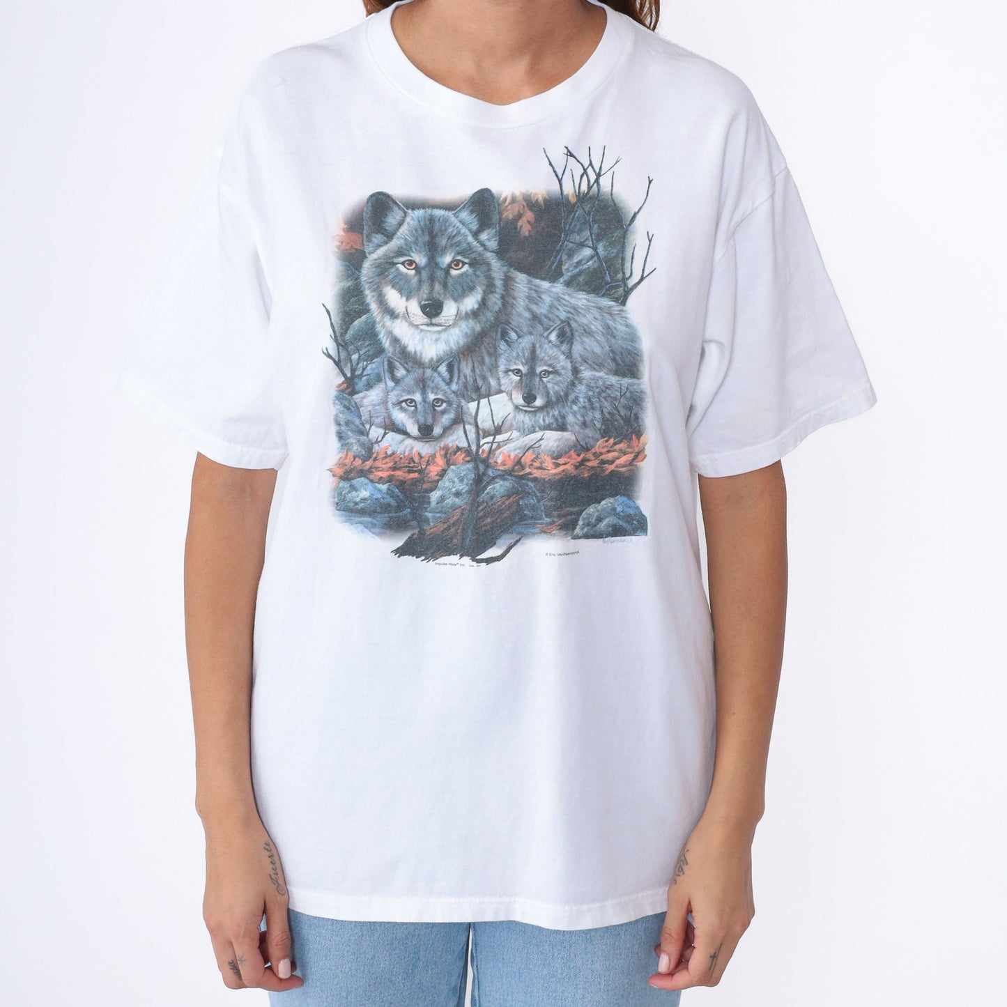 Y2K Wolf Pup Graphic T-Shirt White Cotton Wildlife Tee Large L