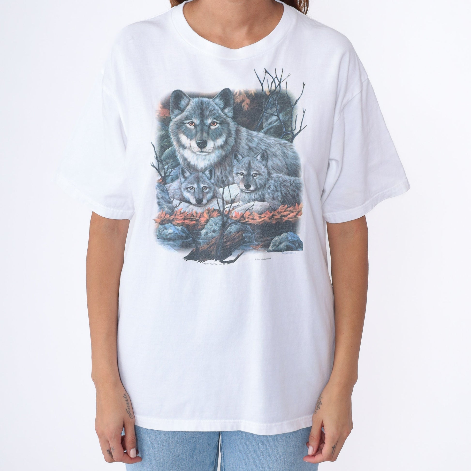 Y2K Wolf Pup Graphic T-Shirt White Cotton Wildlife Tee Large L