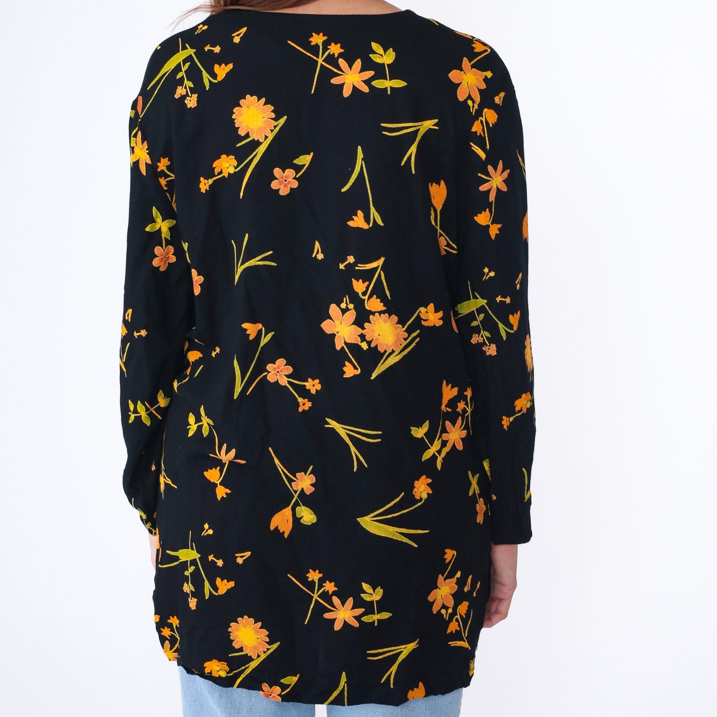 90s Floral Rayon Button Up Blouse Black Longline Collared Shirt Medium