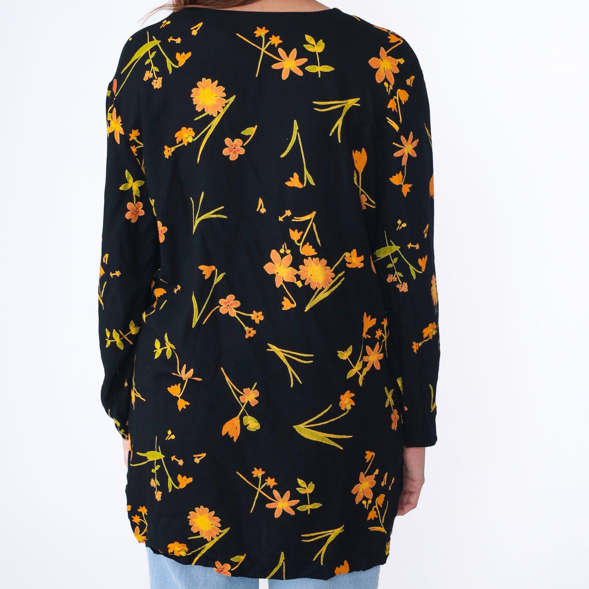 90s Floral Rayon Button Up Blouse Black Longline Collared Shirt Medium