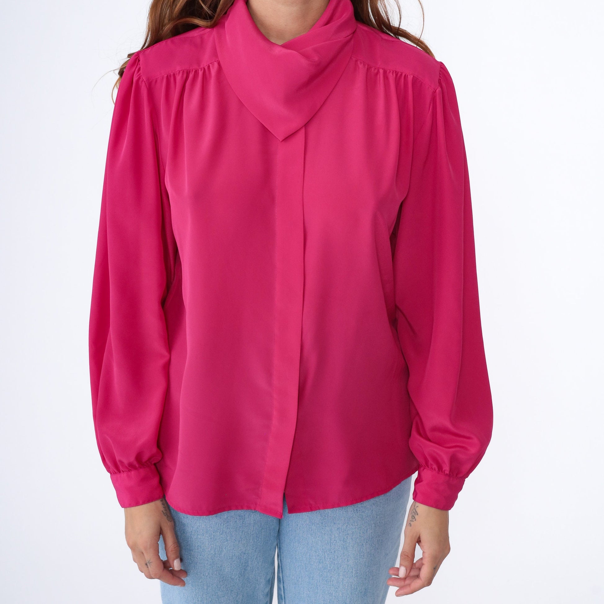 90s Fuchsia Pink Puff Sleeve Blouse Scarf Neck Hidden Button Small