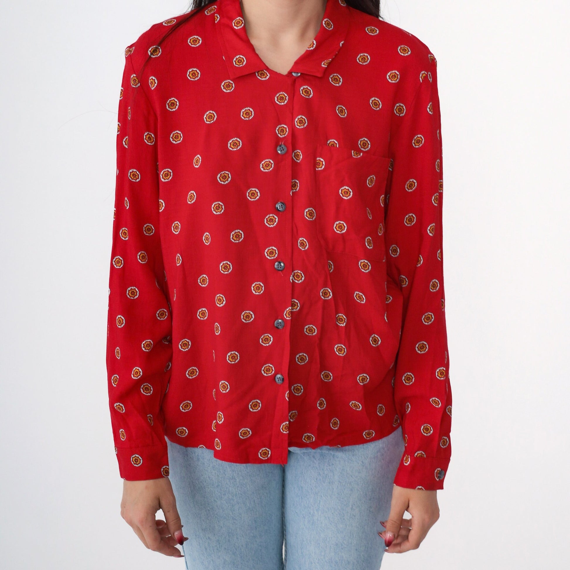 90s Abstract Floral Print Button Up Blouse Red Rayon Long Sleeve Medium