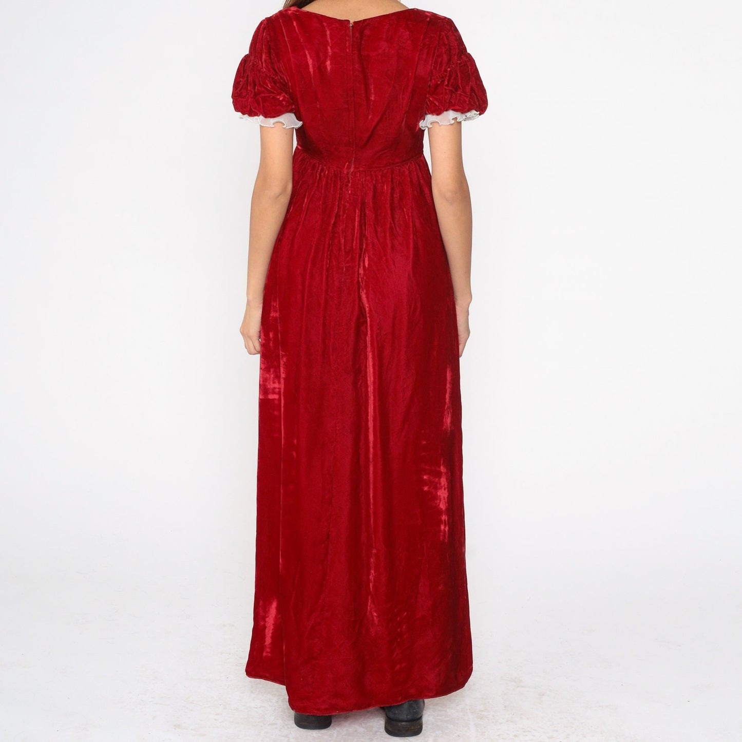 70s Emma Domb Red Velvet Maxi Dress Puff Sleeve Empire Waist Small S