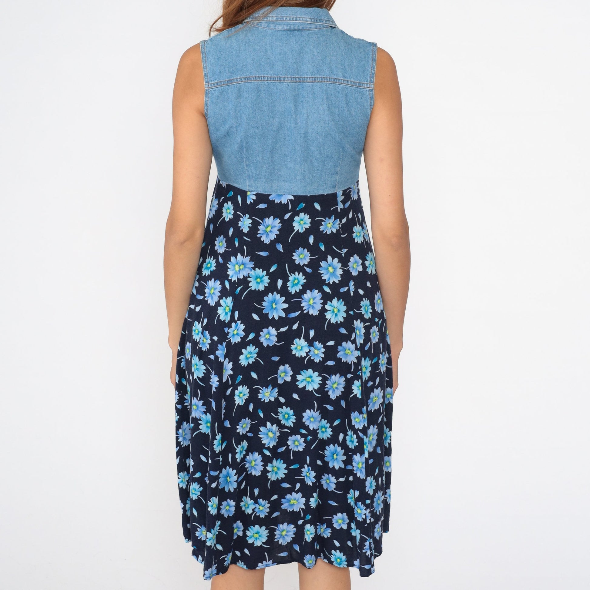 90s Floral Denim Midi Dress Button Up Empire Waist Blue Rayon Extra Small