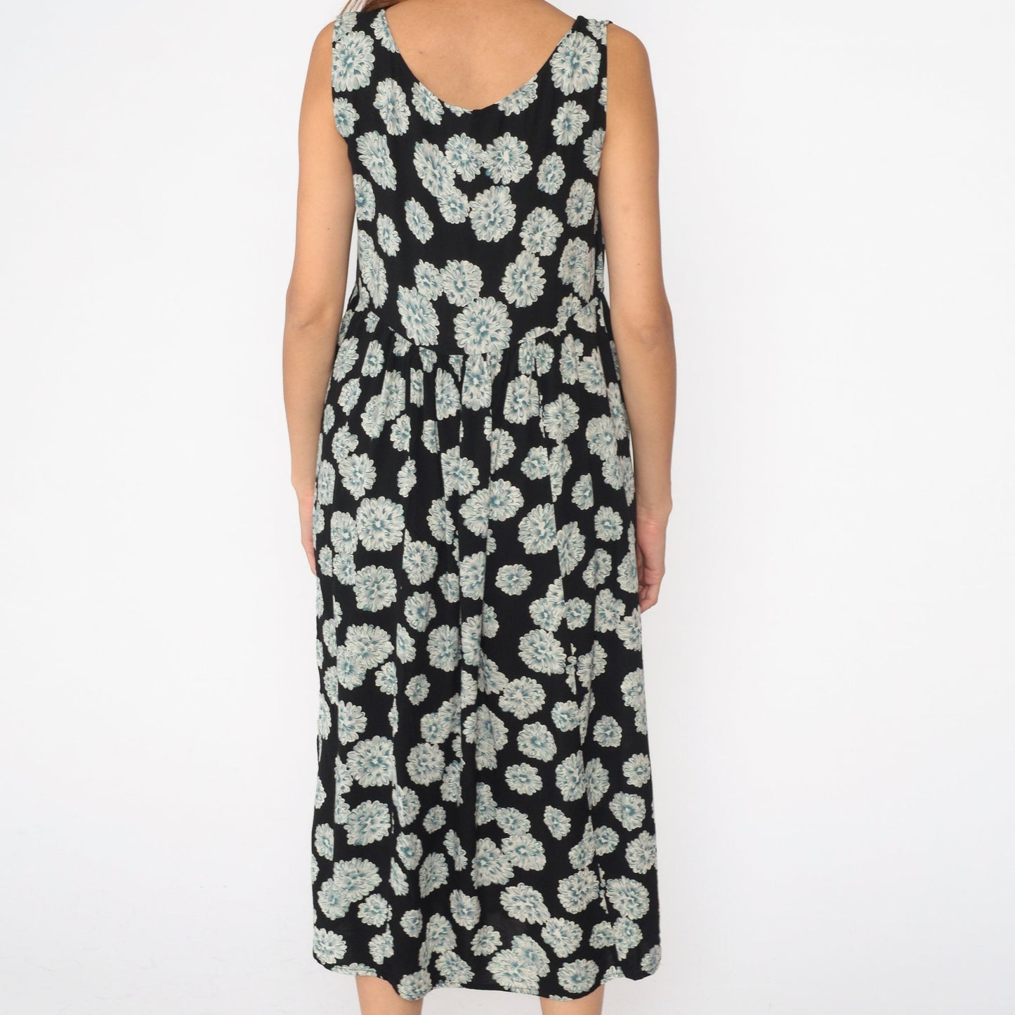 90s Floral Midi Dress Black Rayon High Waist Sleeveless Large L