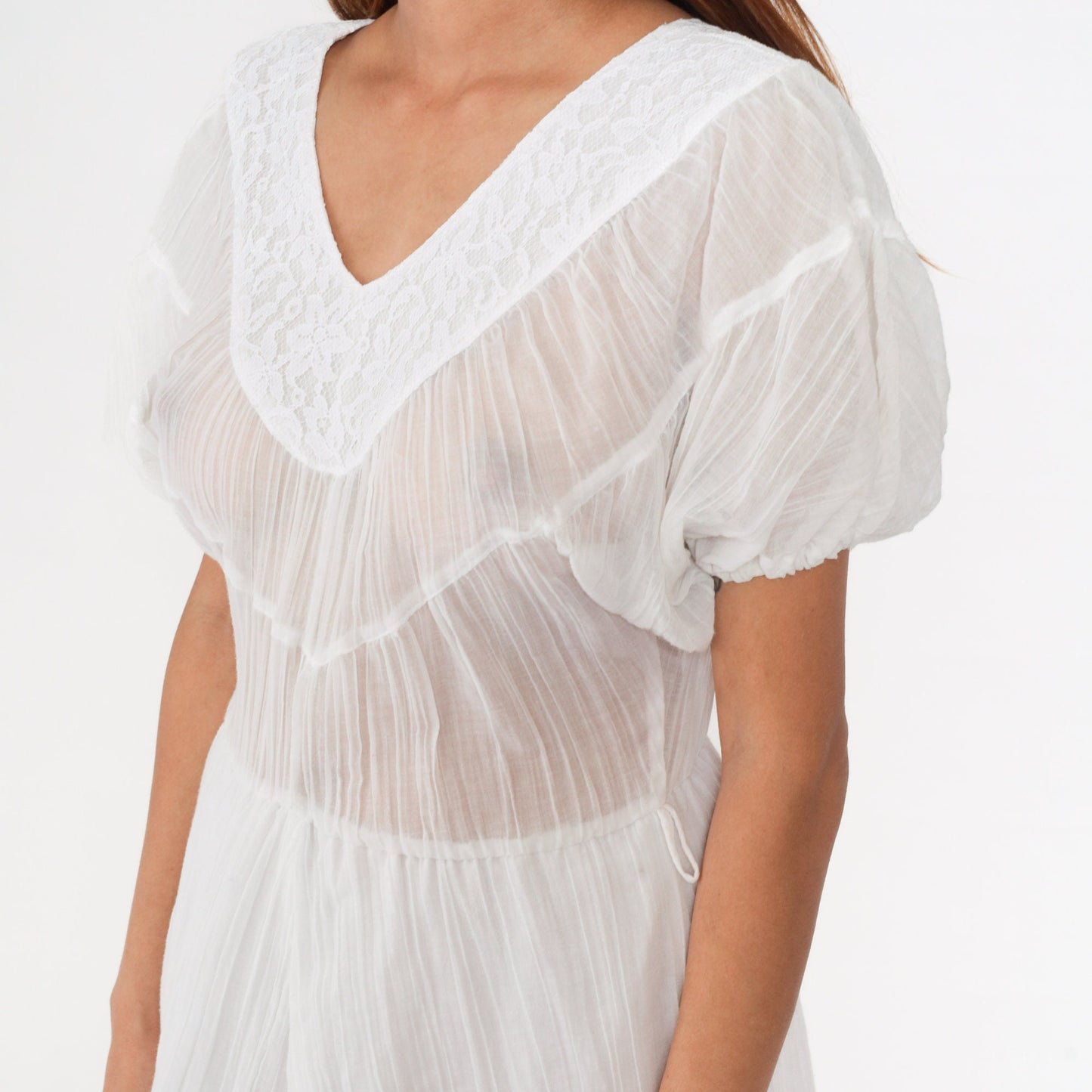 80s White Gauze Midi Dress Puff Sleeve V-Neck Lace Trim High Waist Extra Small