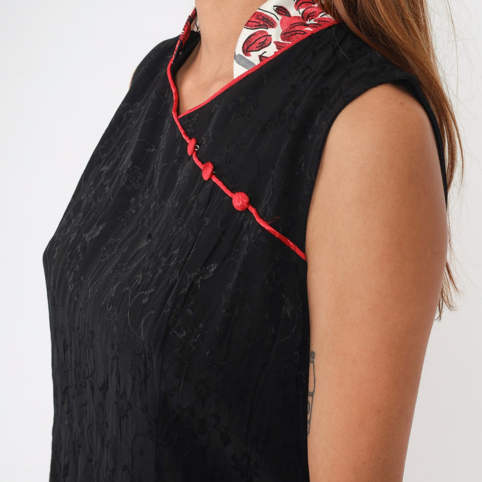 90s Black Floral Embossed Cheongsam Mini Dress Mandarin Collar Large