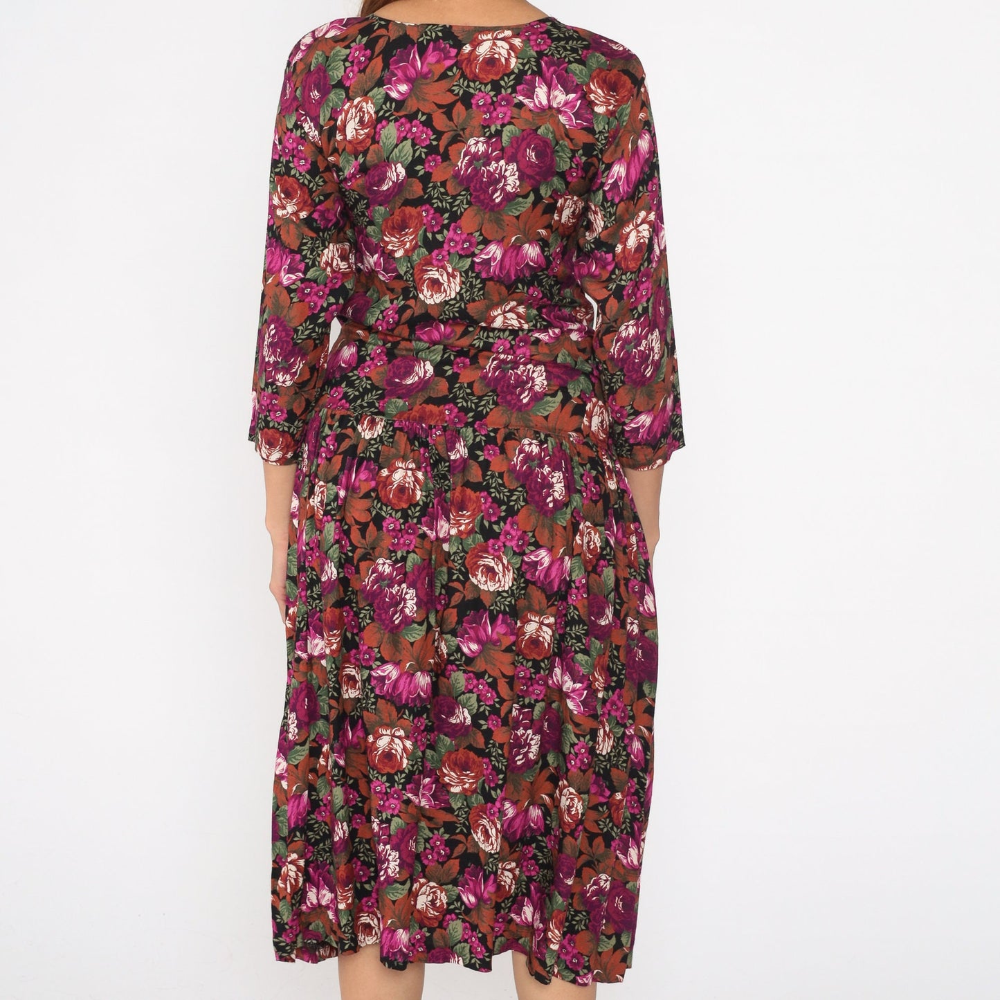 90s Floral Midi Dress Drop Waist Long Sleeve Rayon Fuchsia Multicolor Small