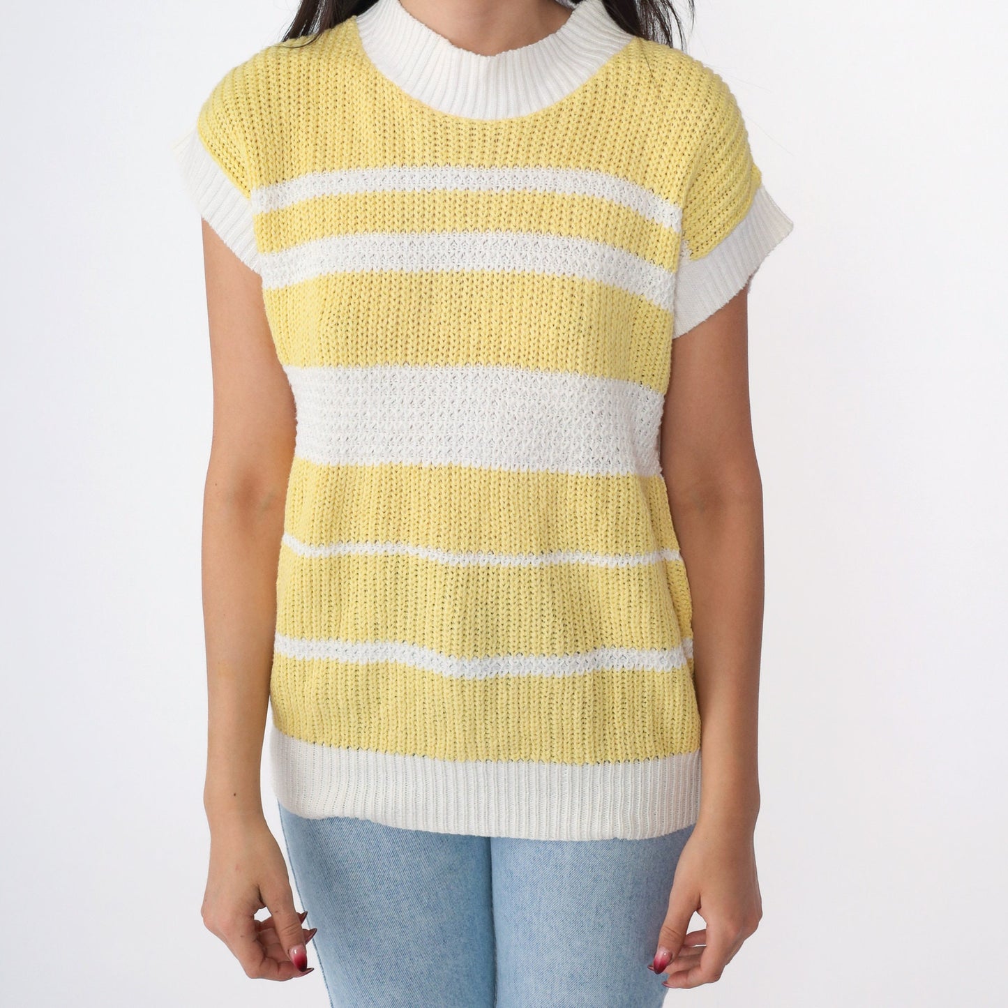 80s Yellow White Striped Knit Shirt Mock Neck Short Sleeve Small