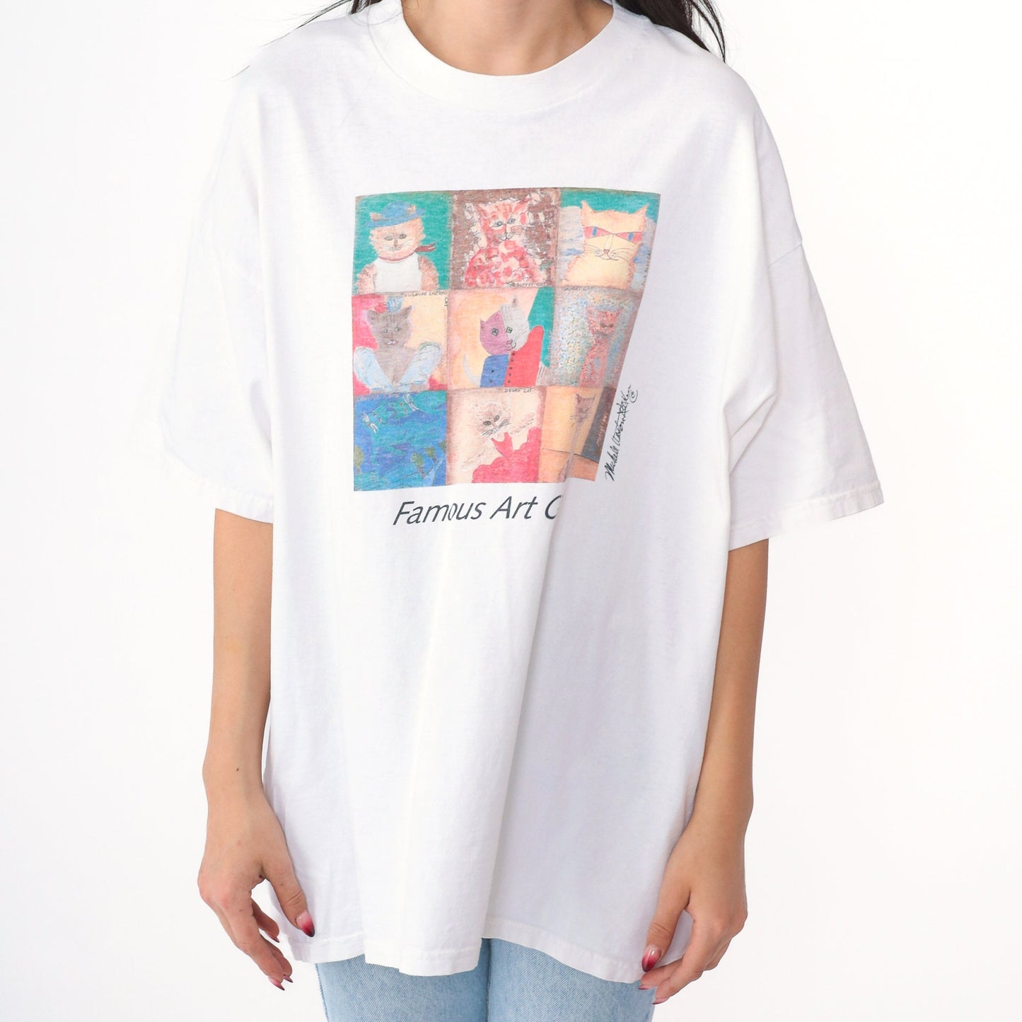 90s Cat Art Graphic Tee Famous Paintings Cotton White Extra Large XXL