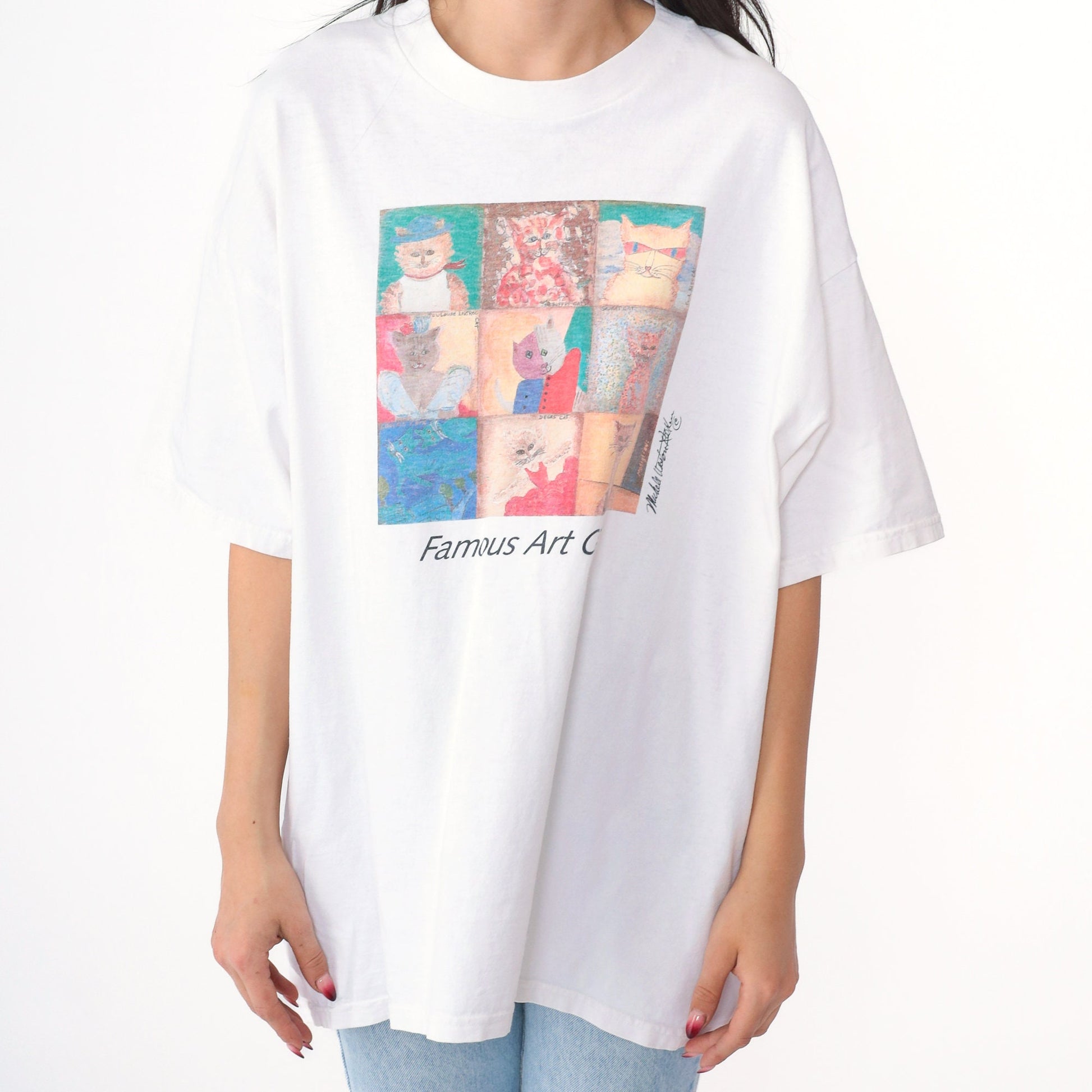 90s Cat Art Graphic Tee Famous Paintings Cotton White Extra Large XXL