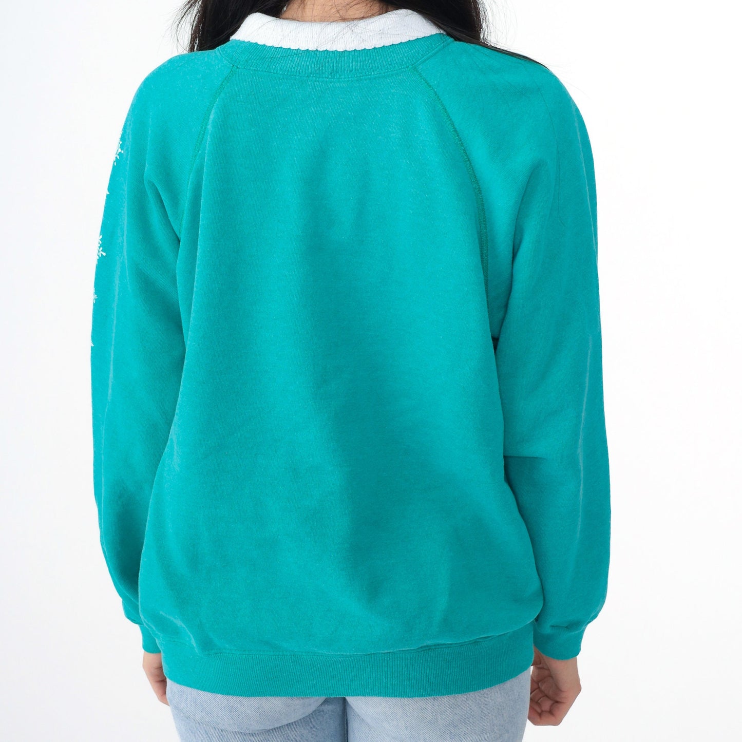 90s Leaf Snowflake Print Sweatshirt Teal Green Graphic Crewneck Large