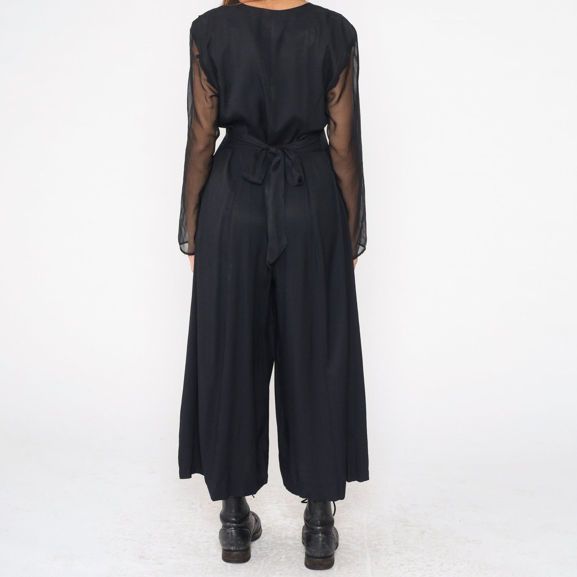 90s Black Wide Leg Jumpsuit Chiffon Sleeve Sweetheart Neckline Large 12