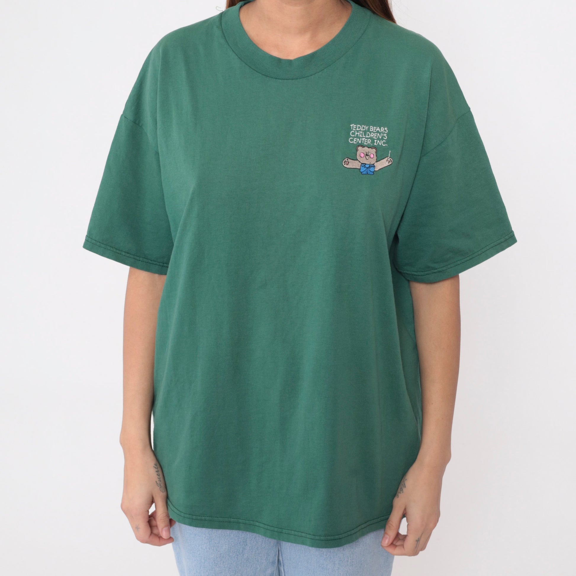 90s Teddy Bears Children Center Embroidered T-Shirt Green Cotton Tee Extra Large XL