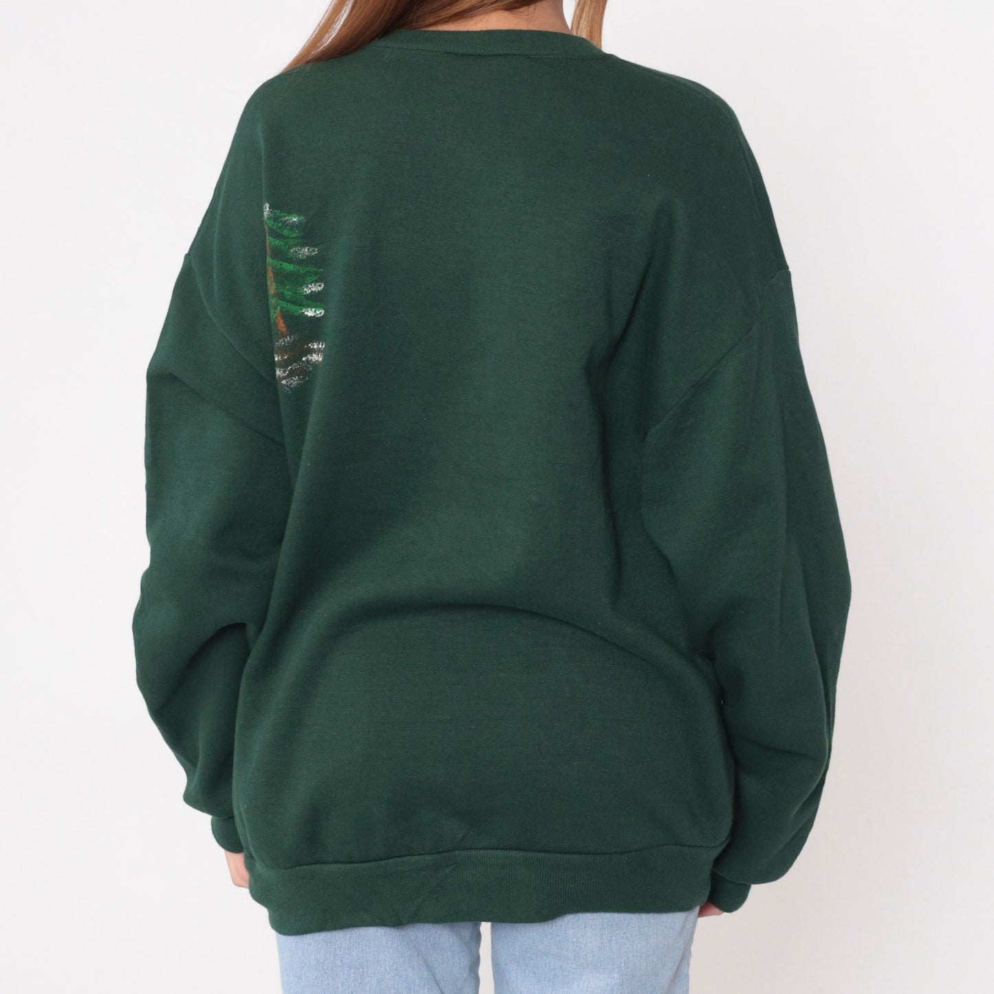 90s Hand Painted Forest Ranger Teddy Bear Eagle Sweatshirt Dark Green Extra Large XXL