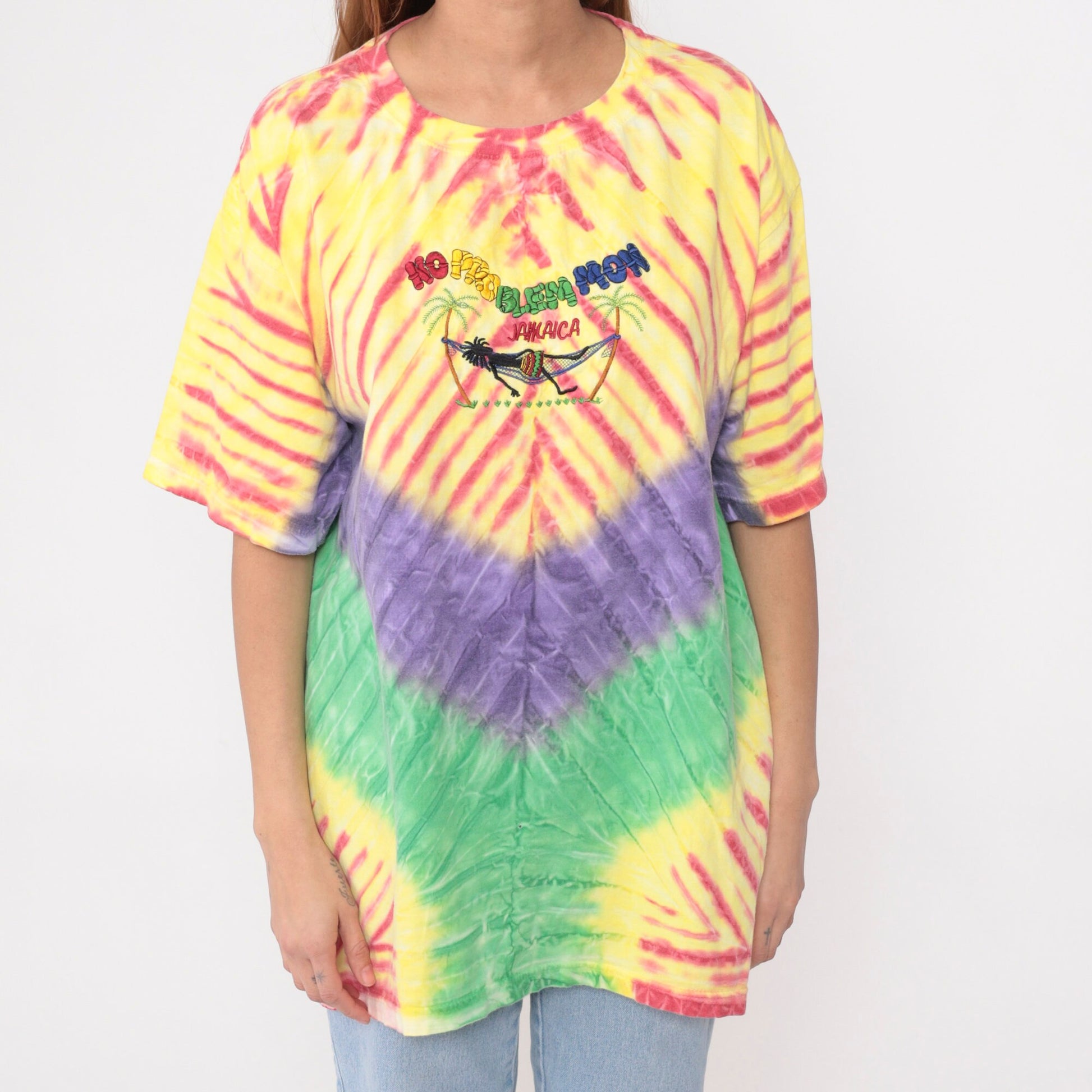 00s Jamaica Tie Dye Graphic T-Shirt No Problem Mon Palm Tree Yellow Red Purple XXL