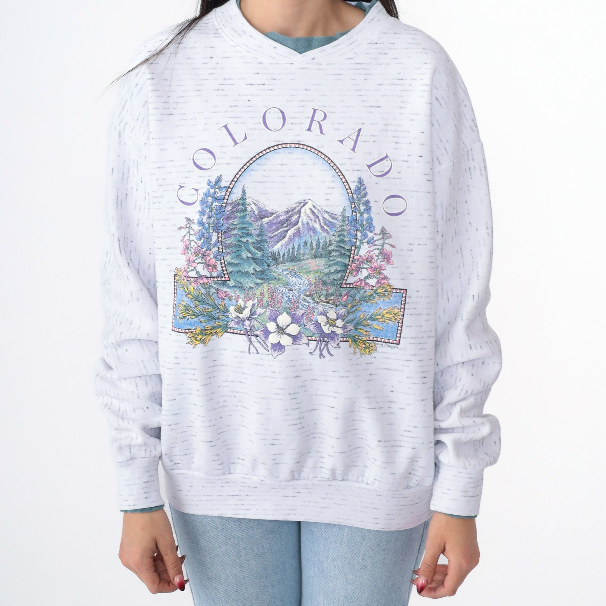 90s Colorado Mountain Floral Graphic Sweatshirt Double Collar Drop Shoulder Medium