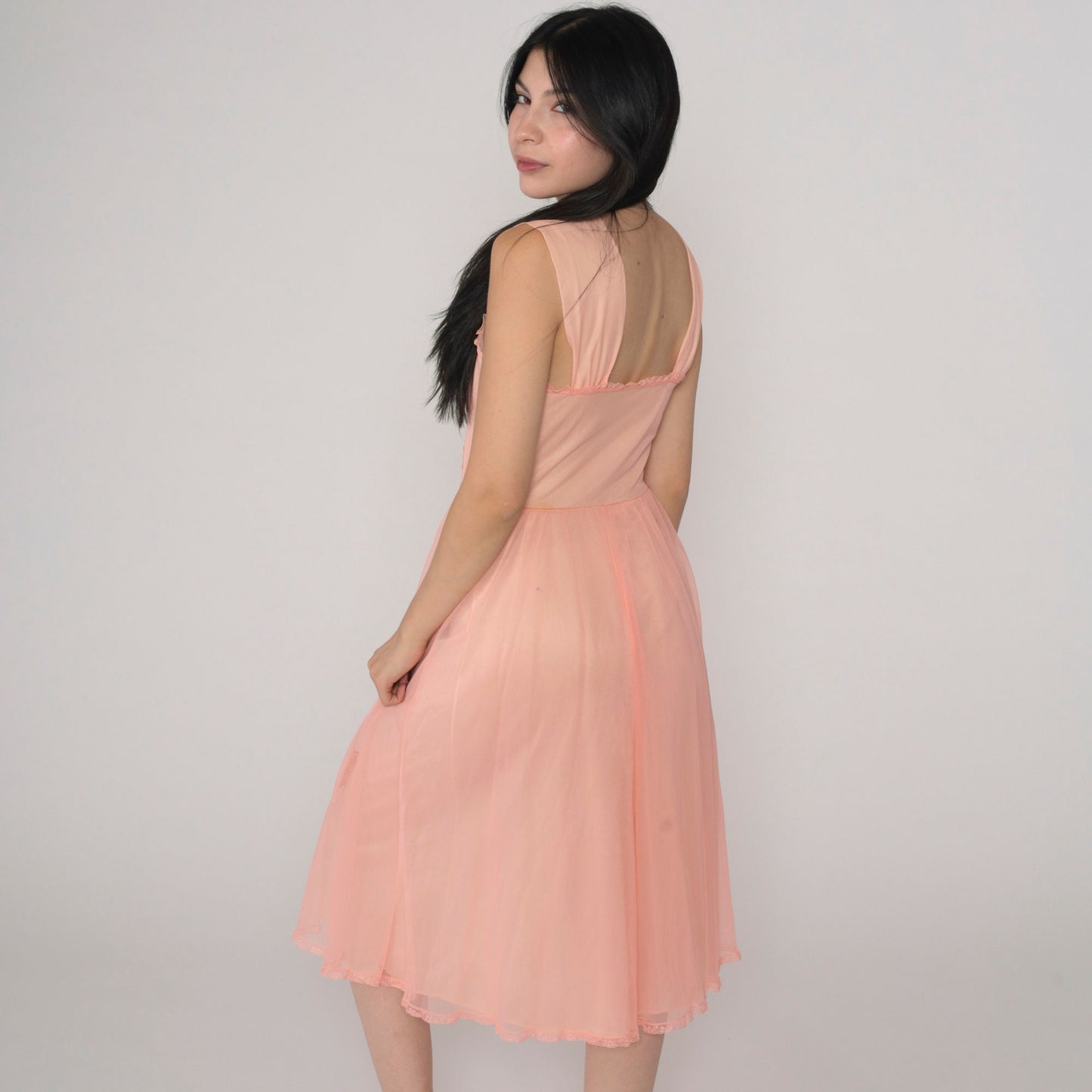 70s Gotham Gold Stripe Nightgown Pink Beaded Lace Applique Midi Small