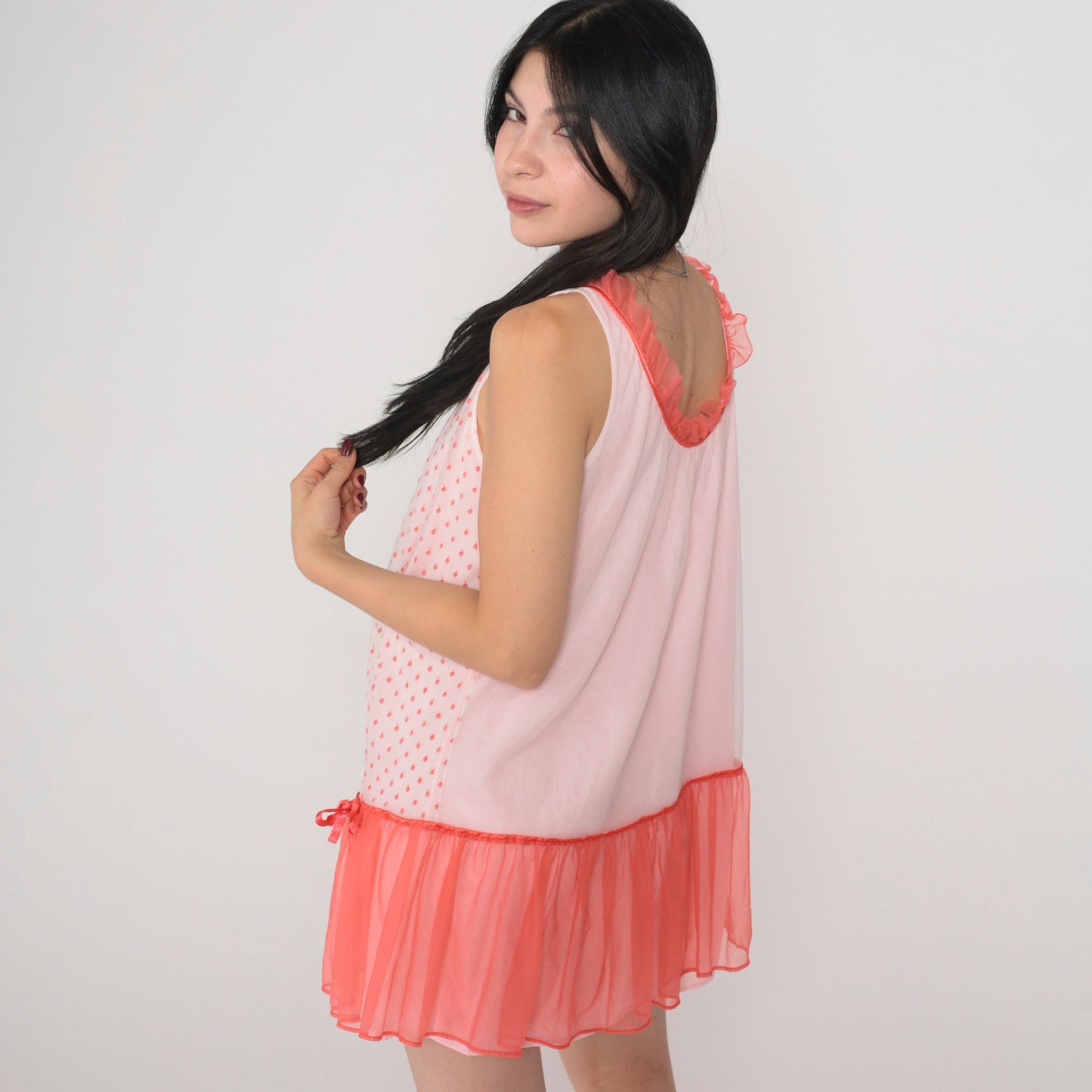 80s White Coral Polka Dot Nightgown Drop Waist Sleeveless Slip Dress Medium M