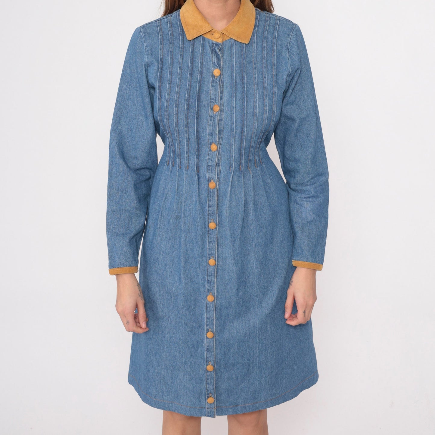 90s Studio Ease Blue Denim Shirtdress Corduroy Collar Knee-Length Small 6