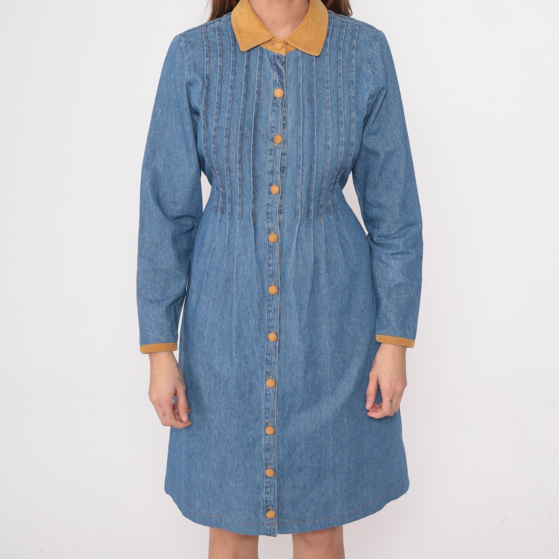 90s Studio Ease Blue Denim Shirtdress Corduroy Collar Knee-Length Small 6