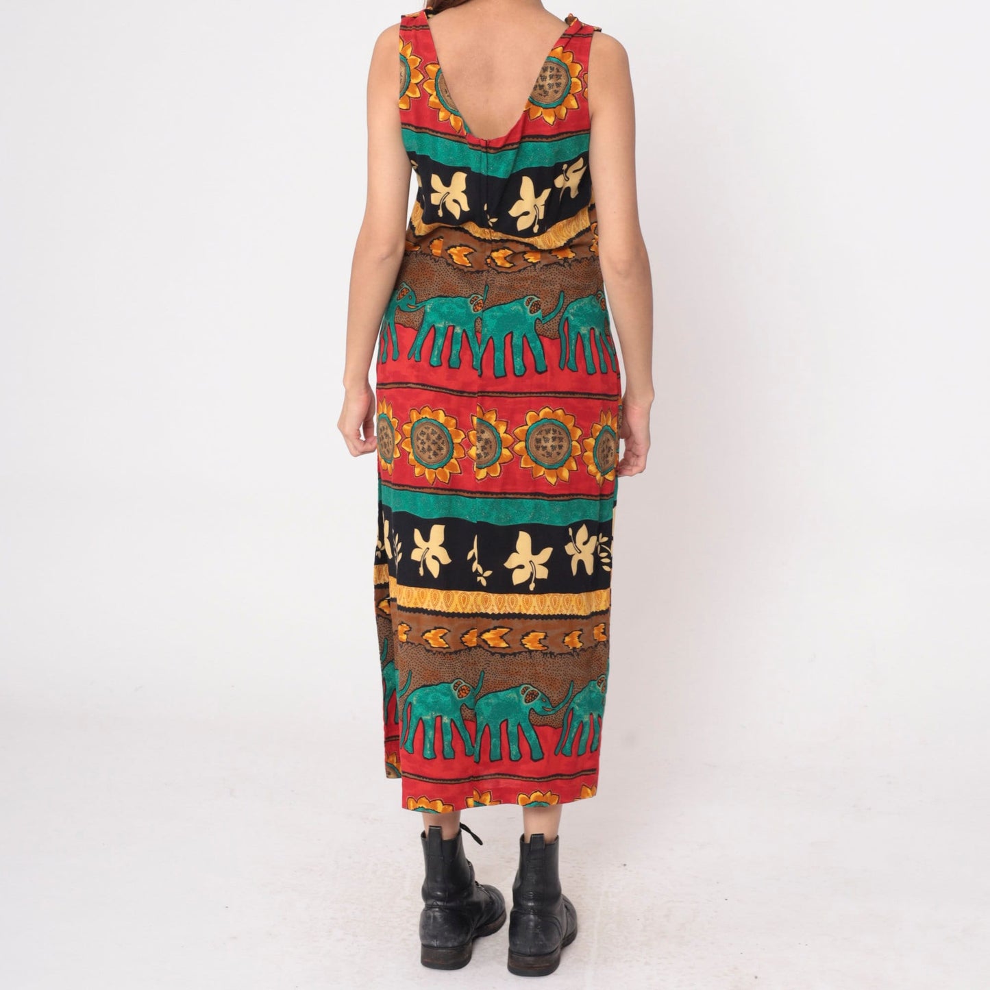 90s Tropical Elephant Sunflower Maxi Dress Striped Red Teal Sleeveless Medium
