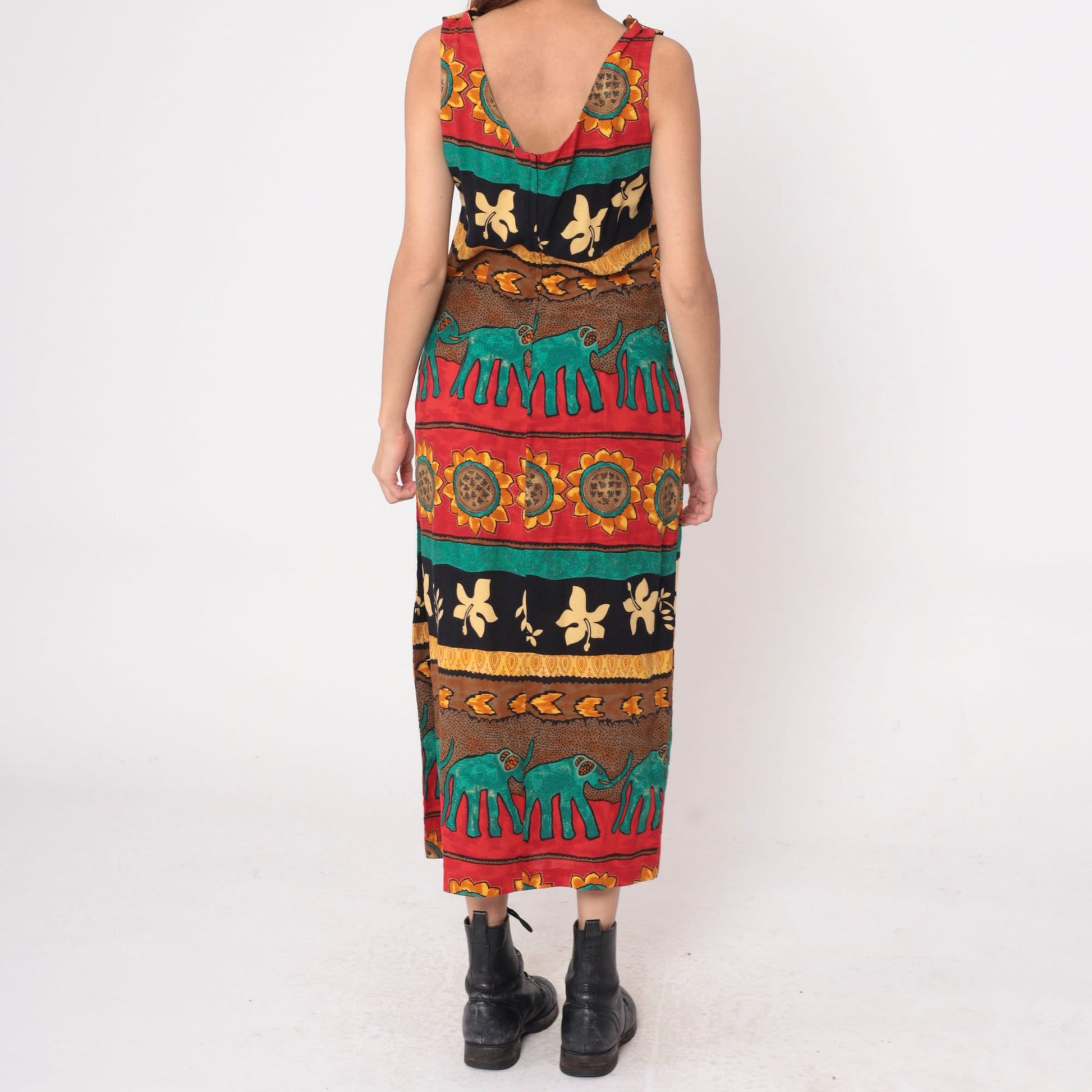 90s Tropical Elephant Sunflower Maxi Dress Striped Red Teal Sleeveless Medium