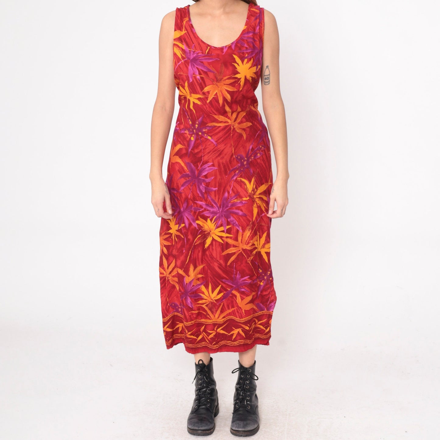 90s Red Tropical Leaf Print Maxi Dress Sleeveless Scoop Neck Medium M