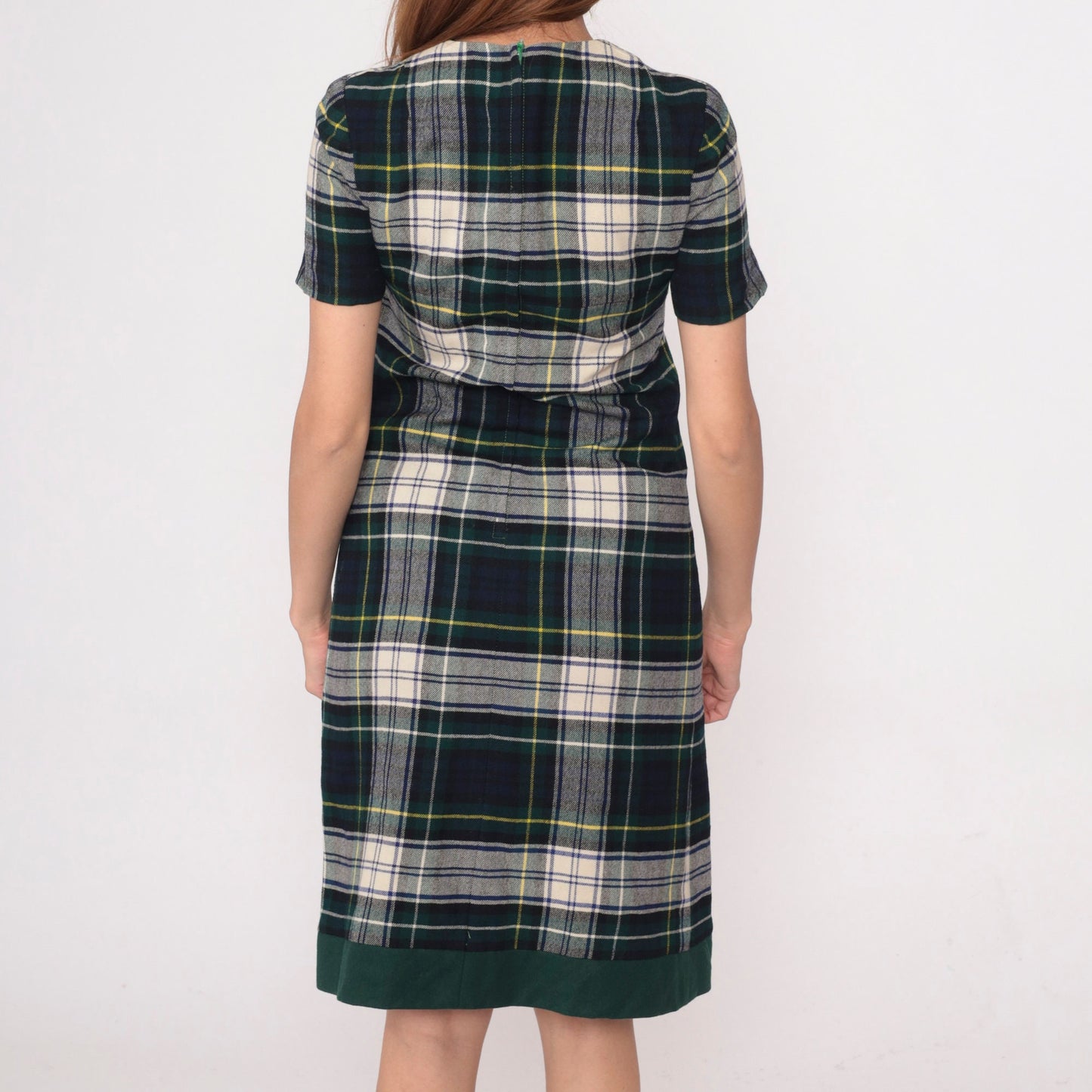 60s Vogue Couturier Plaid Wool Sheath Dress Blue Green Tartan Small