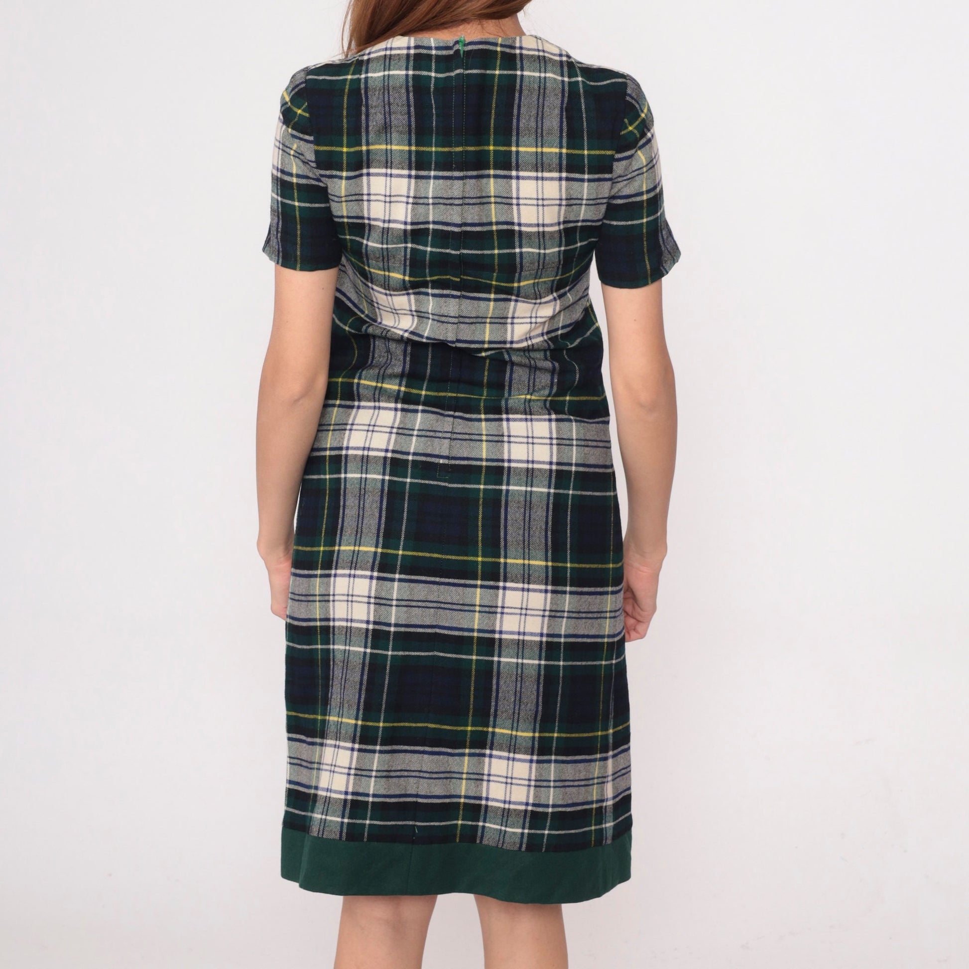 60s Vogue Couturier Plaid Wool Sheath Dress Blue Green Tartan Small