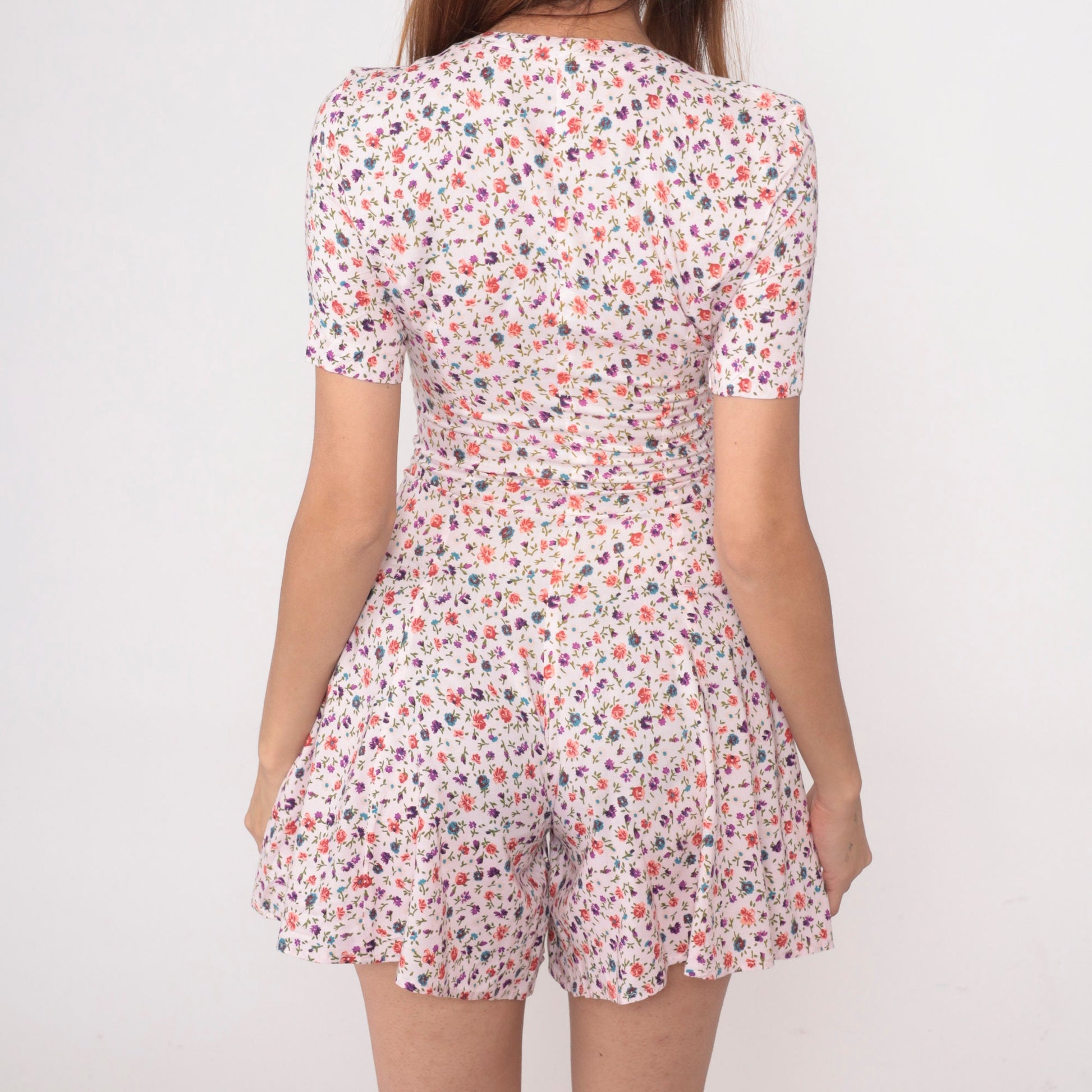 90s Pink Floral Rayon Romper Wide Leg Pearl Button Short Sleeve Extra Small