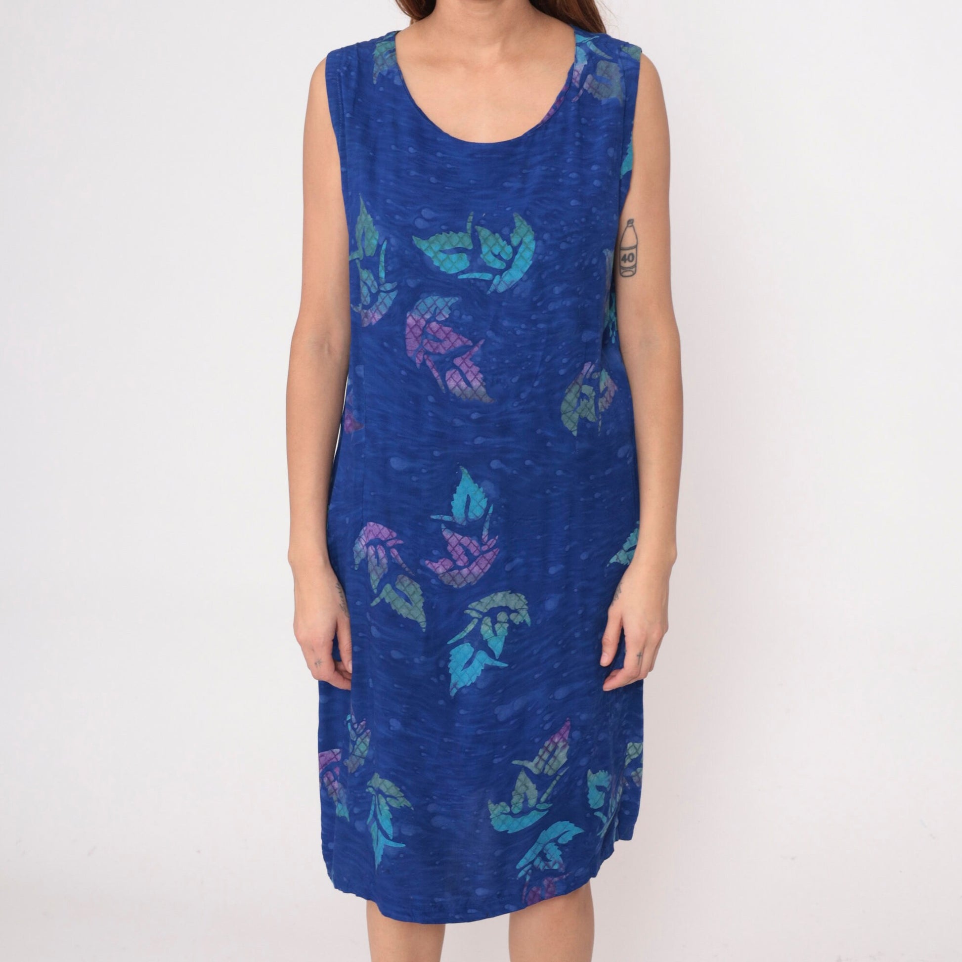 Y2K Blue Tropical Leaf Print Midi Shift Dress Sleeveless Extra Large XXL