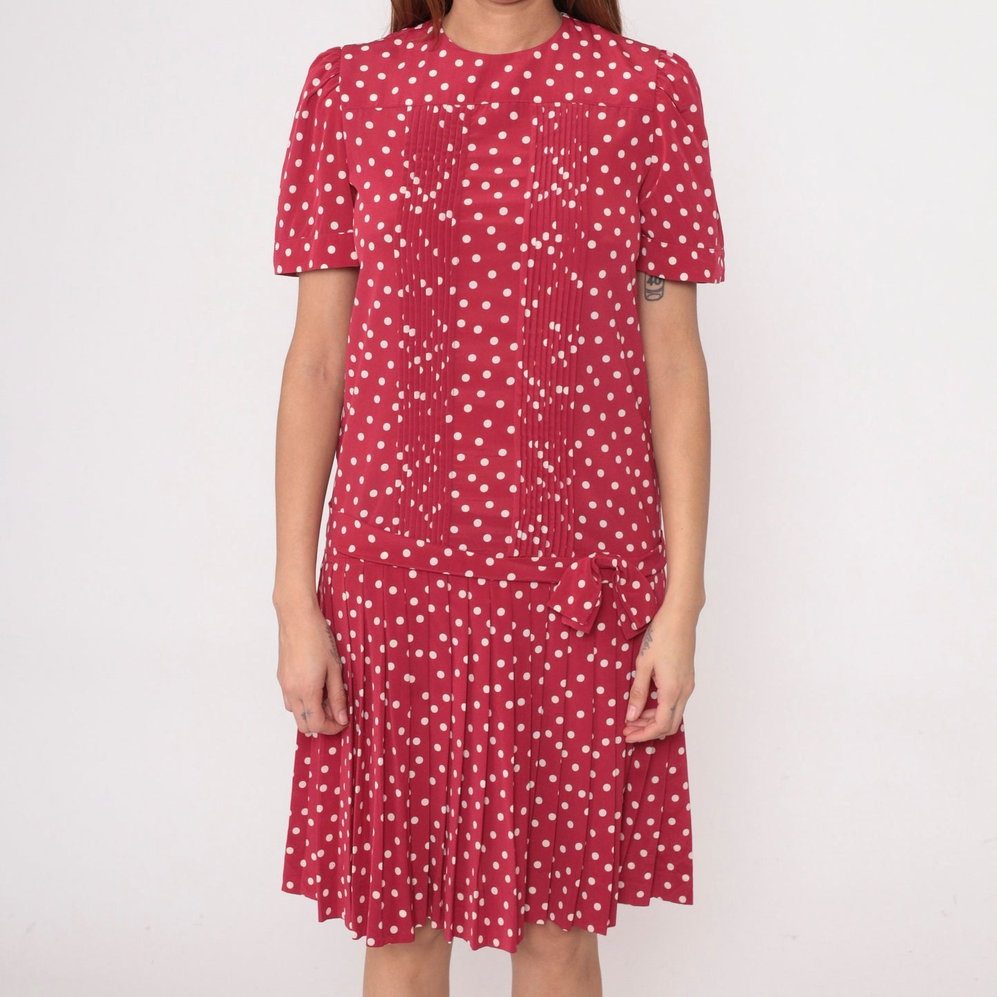 80s Albert Nipon Red Polka Dot Midi Dress Puff Sleeve Drop Waist Small