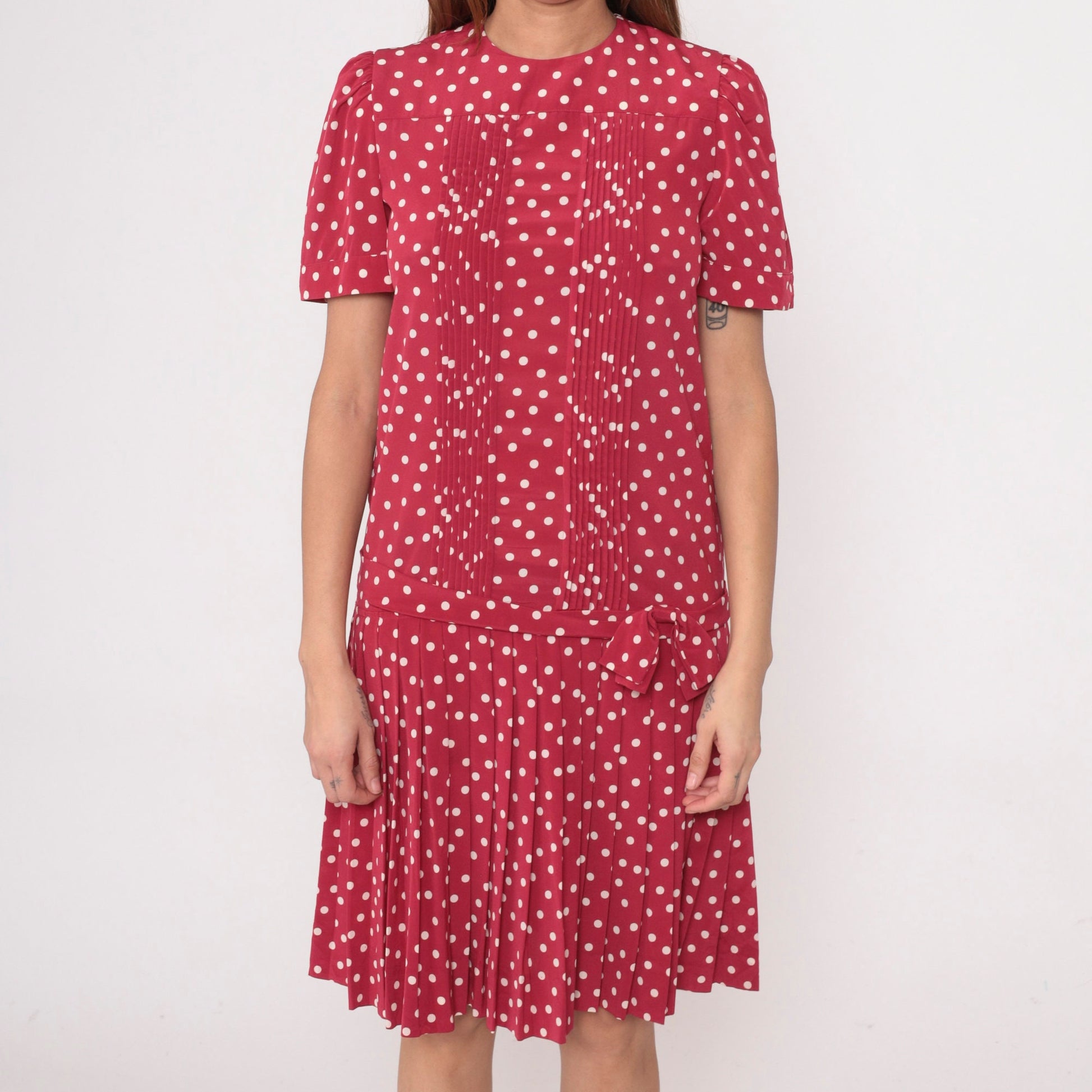 80s Albert Nipon Red Polka Dot Midi Dress Puff Sleeve Drop Waist Small