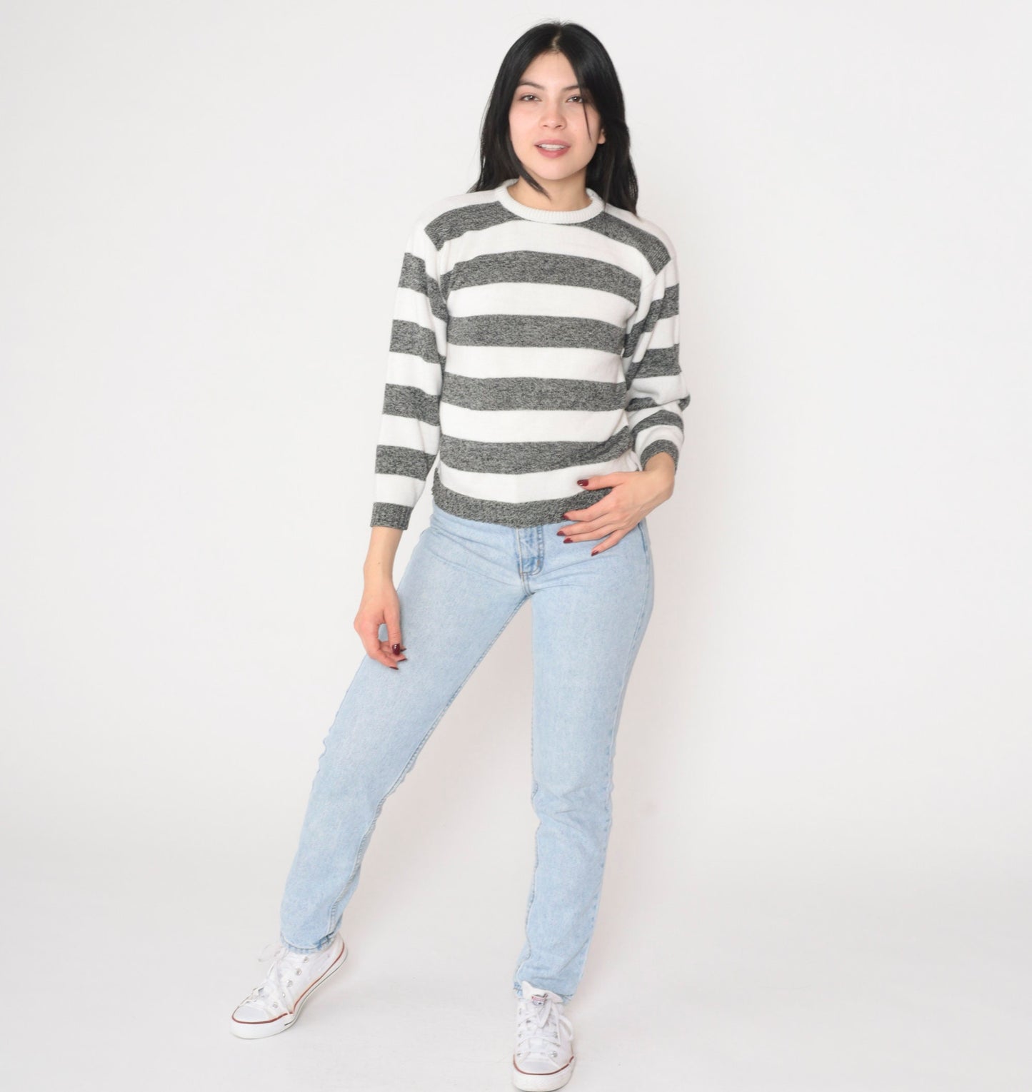 90s Jonathan Cass Striped Knit Sweater White Black Crewneck Small