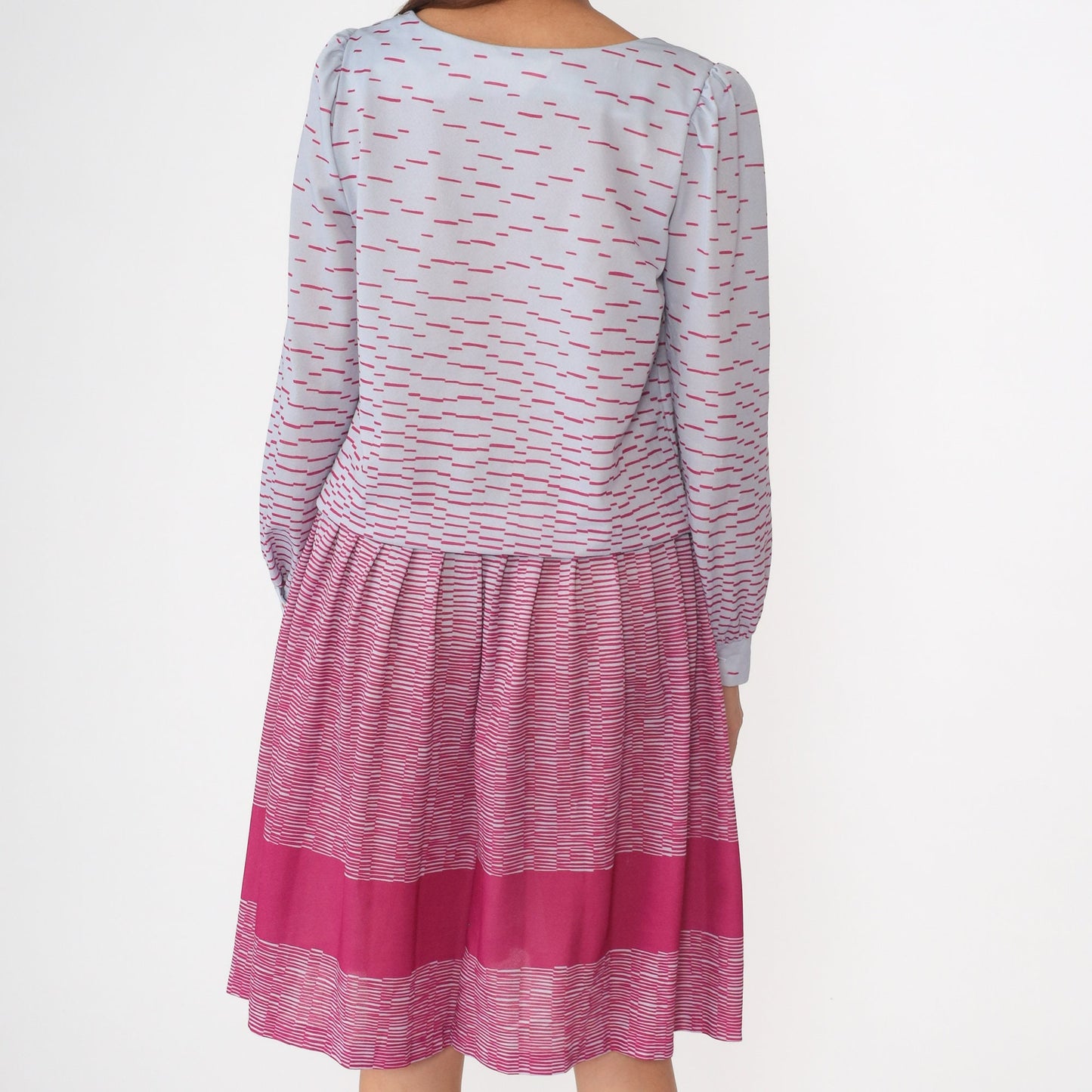 80s Puff Sleeve Midi Dress Periwinkle Hot Pink Drop Waist Small Medium