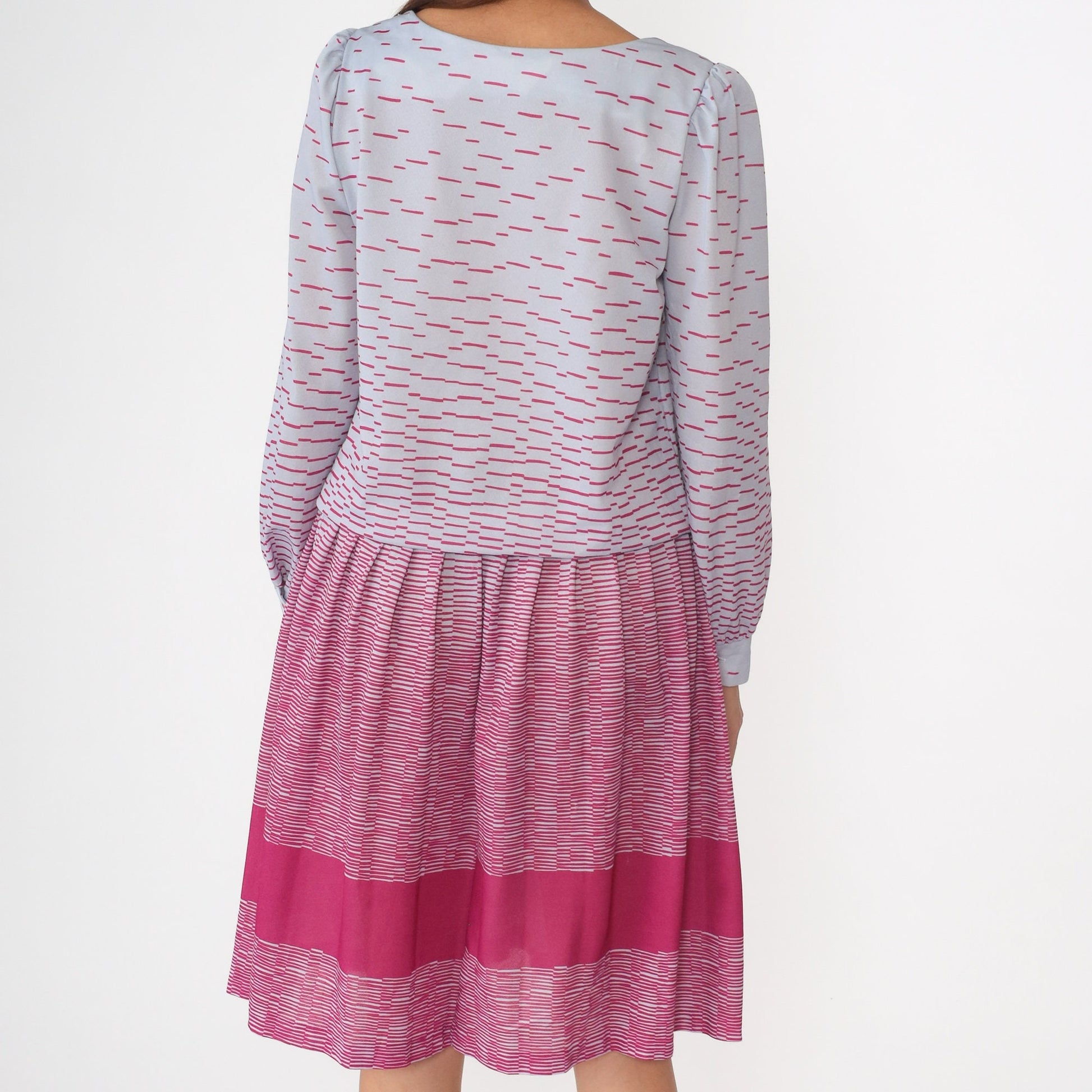 80s Puff Sleeve Midi Dress Periwinkle Hot Pink Drop Waist Small Medium