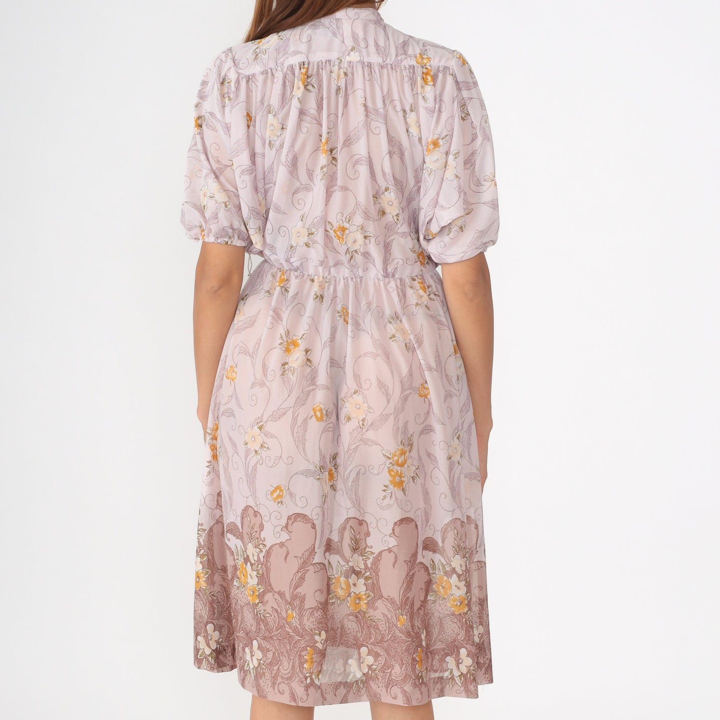 70s Lavender Floral Midi Dress High Waist Puff Sleeve Button Up Small