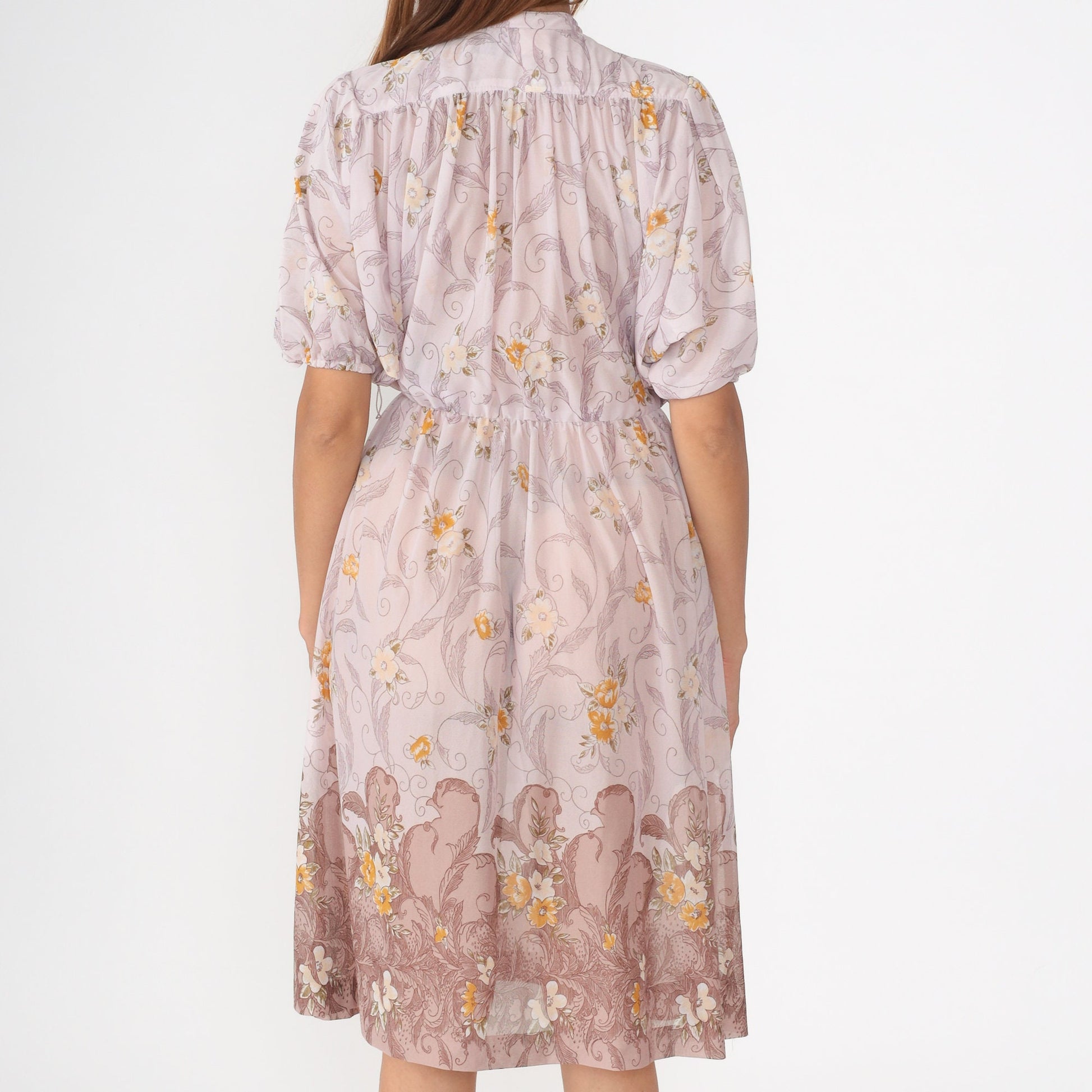 70s Lavender Floral Midi Dress High Waist Puff Sleeve Button Up Small