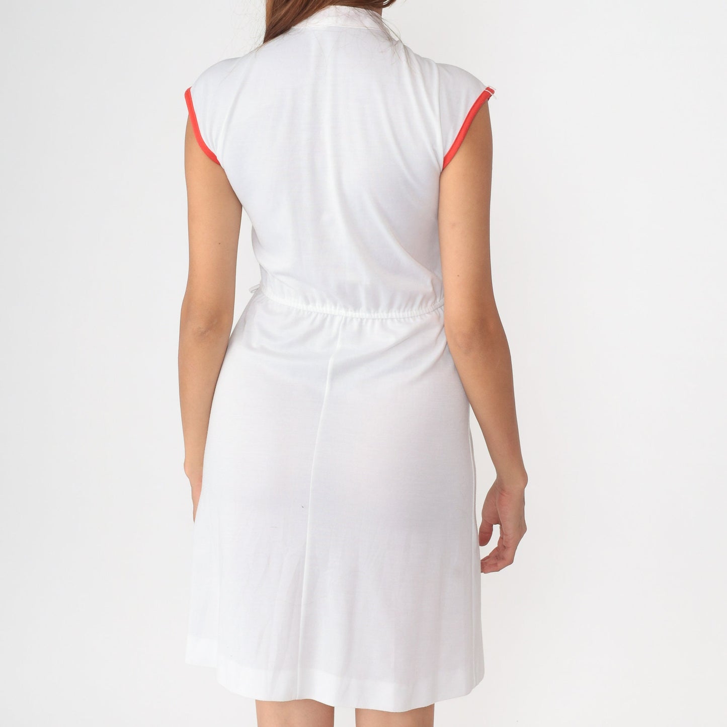 70s White Mini Dress Cap Sleeve Button Front Orange Ringer Trim Small