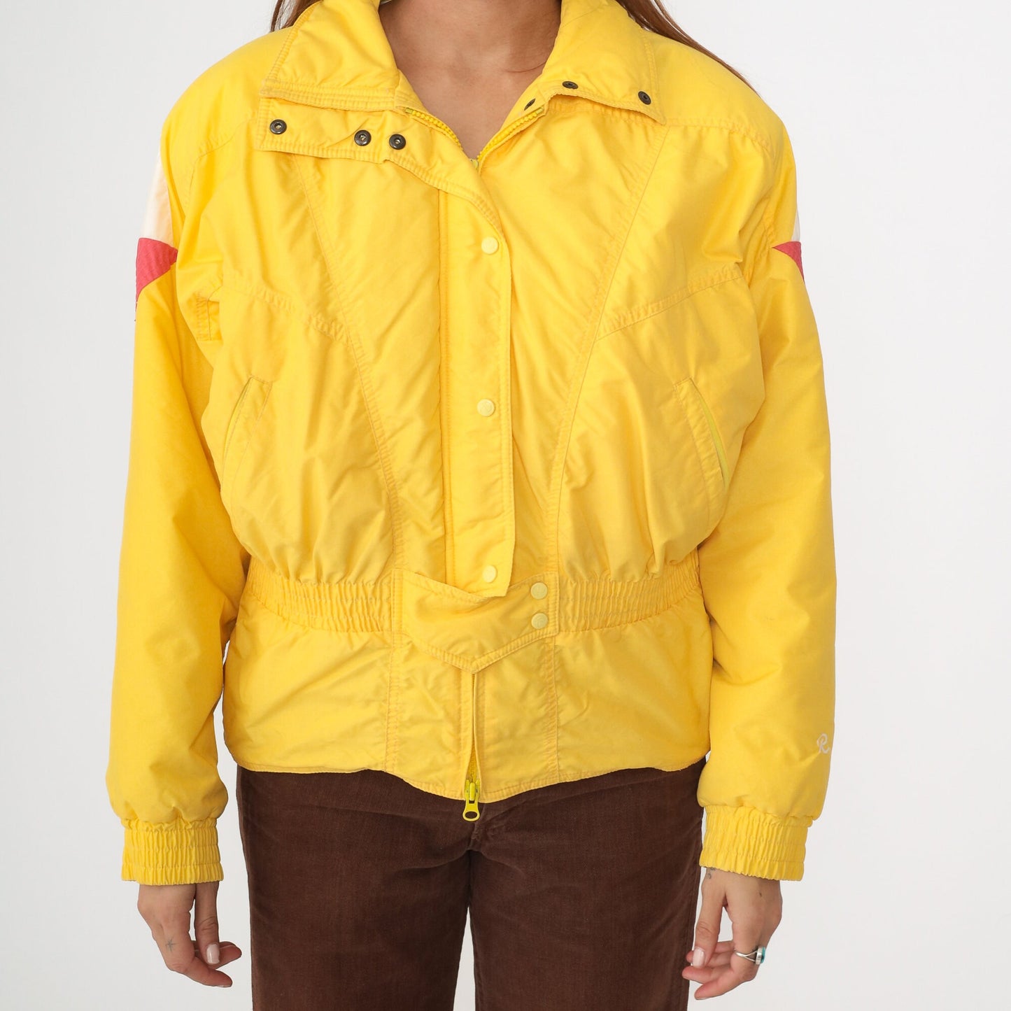80s Roffe Yellow Puffer Ski Jacket Geometric Triangle Sleeves Large